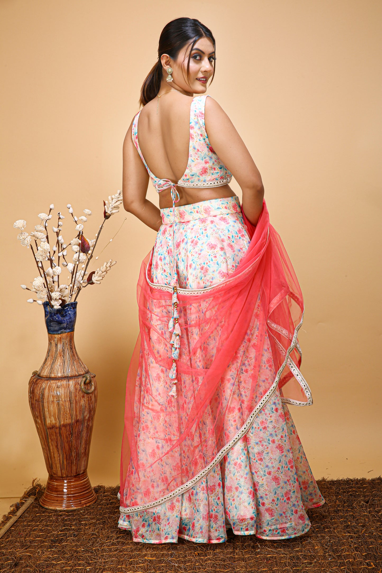 Off-white Floral Printed lehenga choli with Slit Skirt