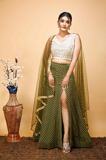 Mehendi Special Green Slit Skirt With Ivory-Gold Real Mirror Work Blouse