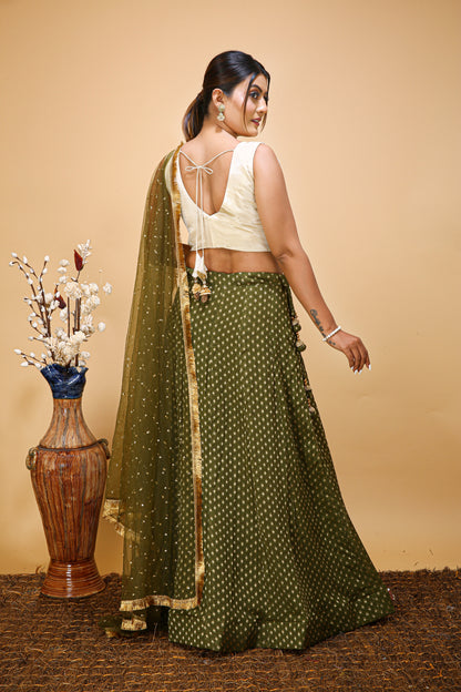 Mehendi Special Green Slit Skirt With Ivory-Gold Real Mirror Work Blouse