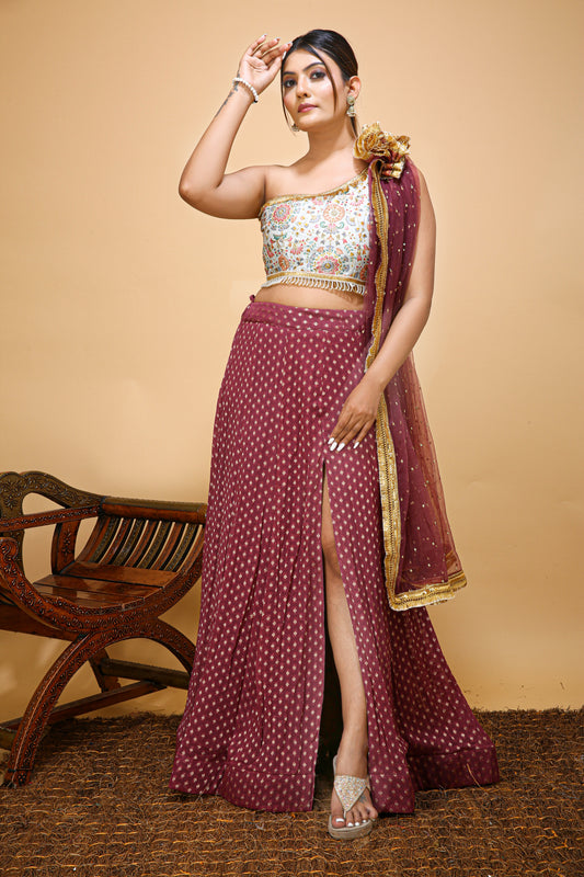 One Shoulder Lehenga Choli in Trending Wine Color