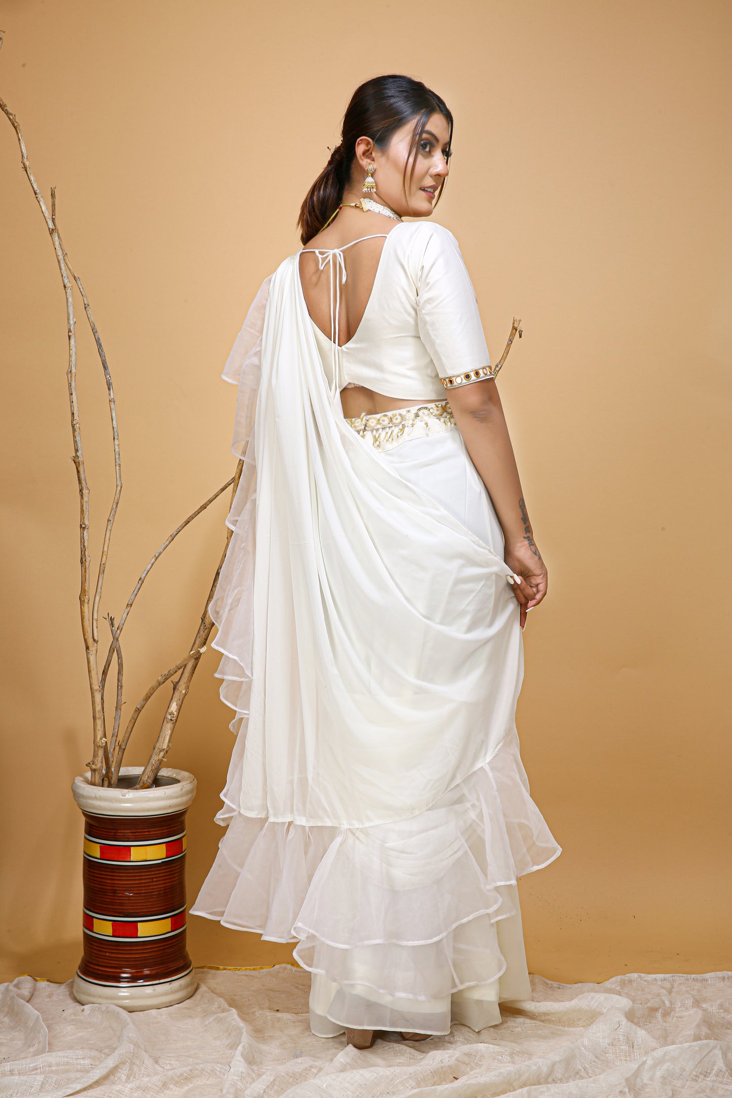 Ivory Ruffled Saree With Mirror Blouse