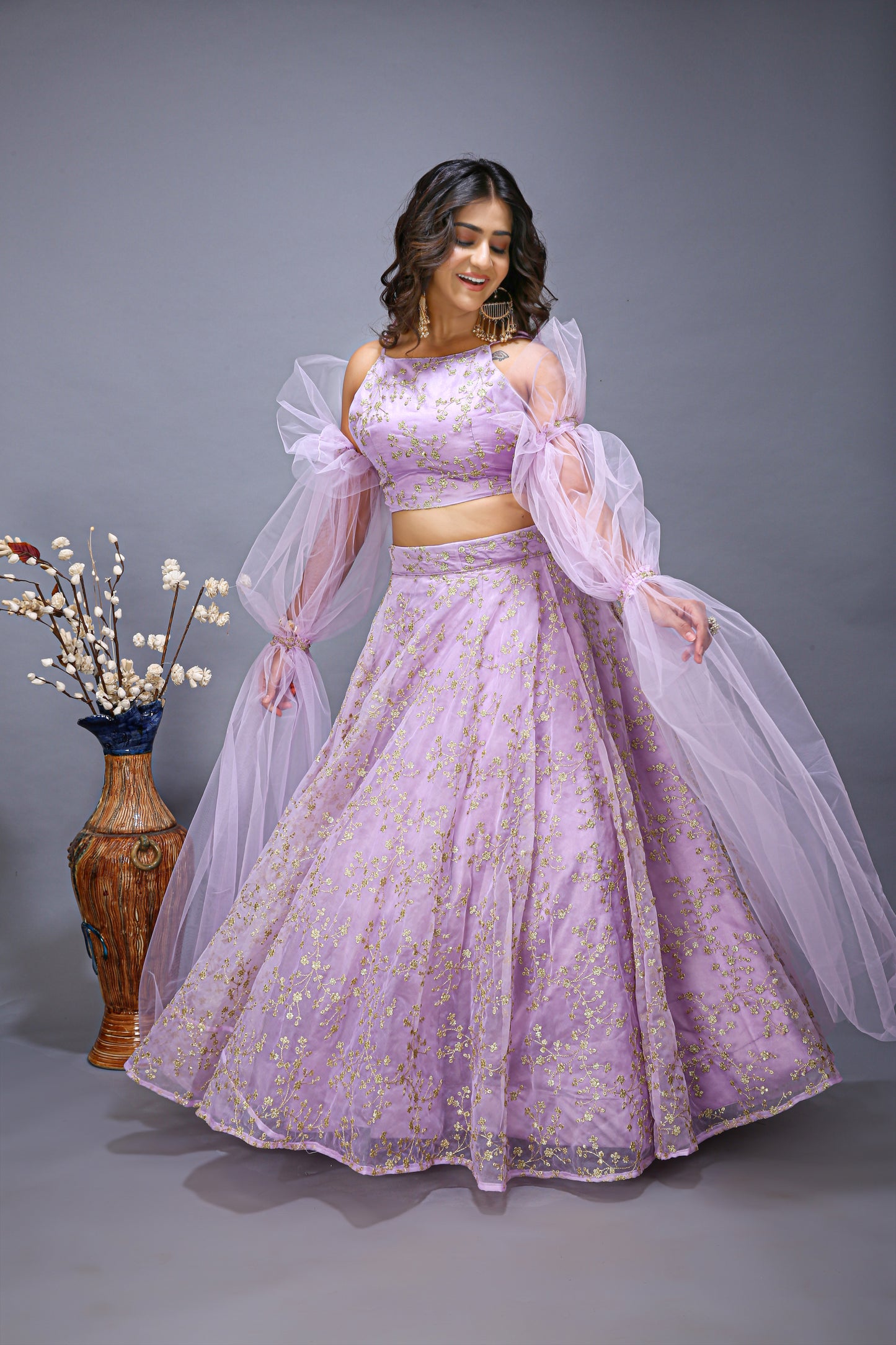 Ruffle Net Sleev Organza Lehenga Choli