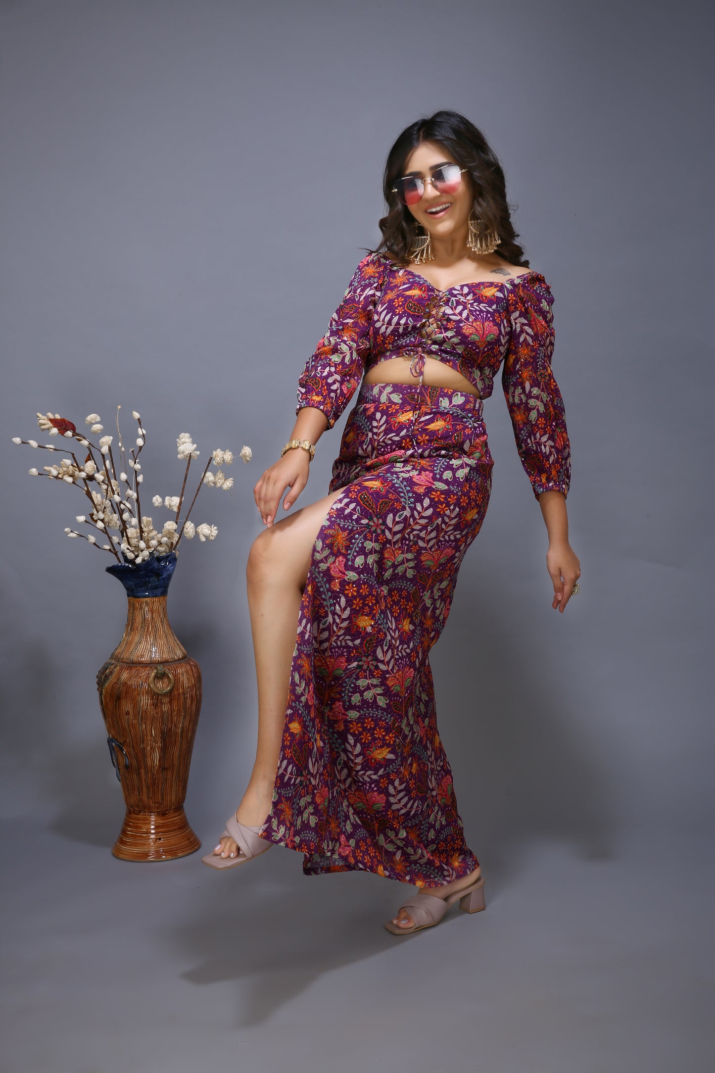 Embroidered Printed Blouse with High Slit lehenga