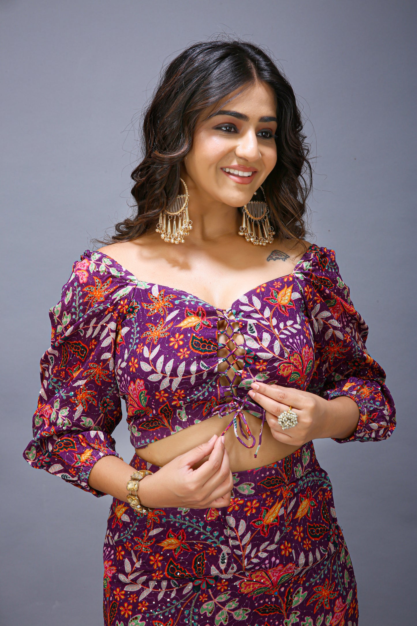 Embroidered Printed Blouse with High Slit lehenga