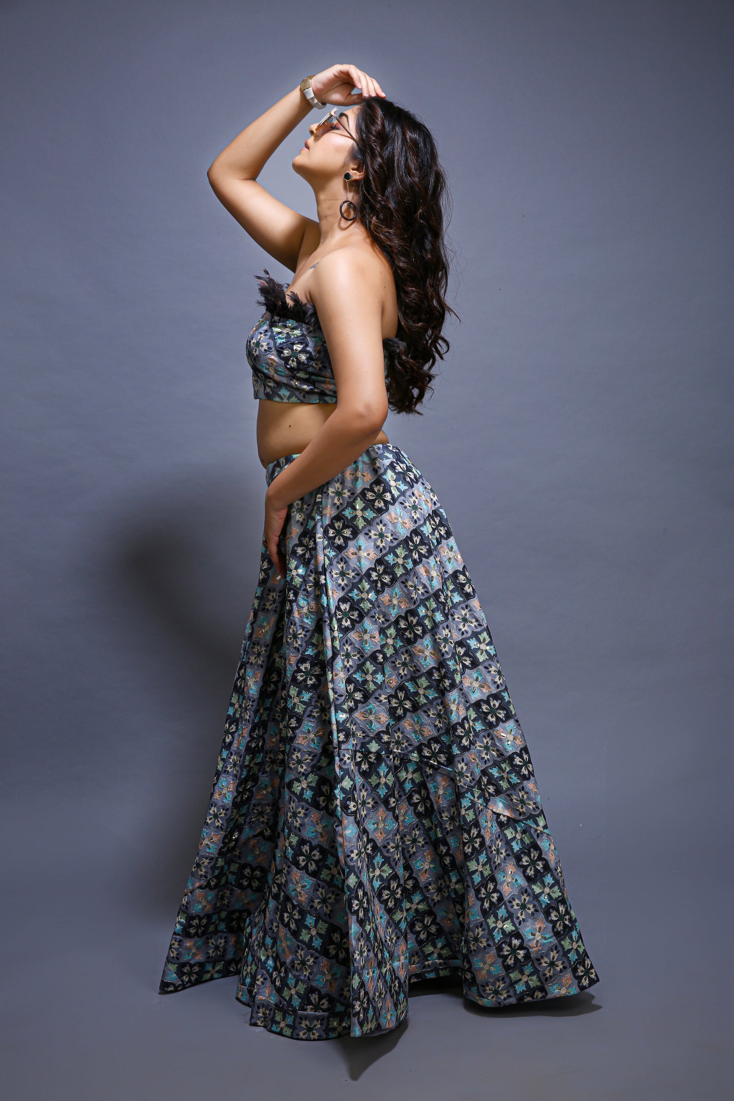 Gray Lehenga choli Beautifully Crafted with Feathers
