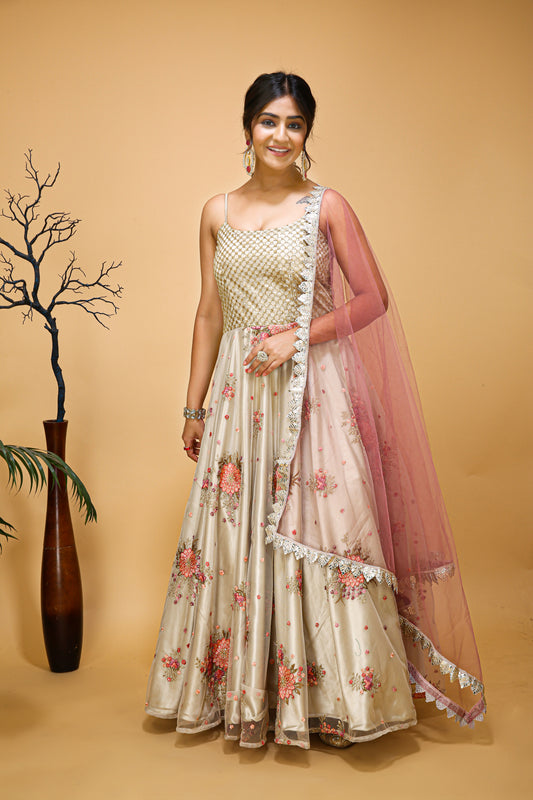 Floral Embroidered Gown With Dupatta
