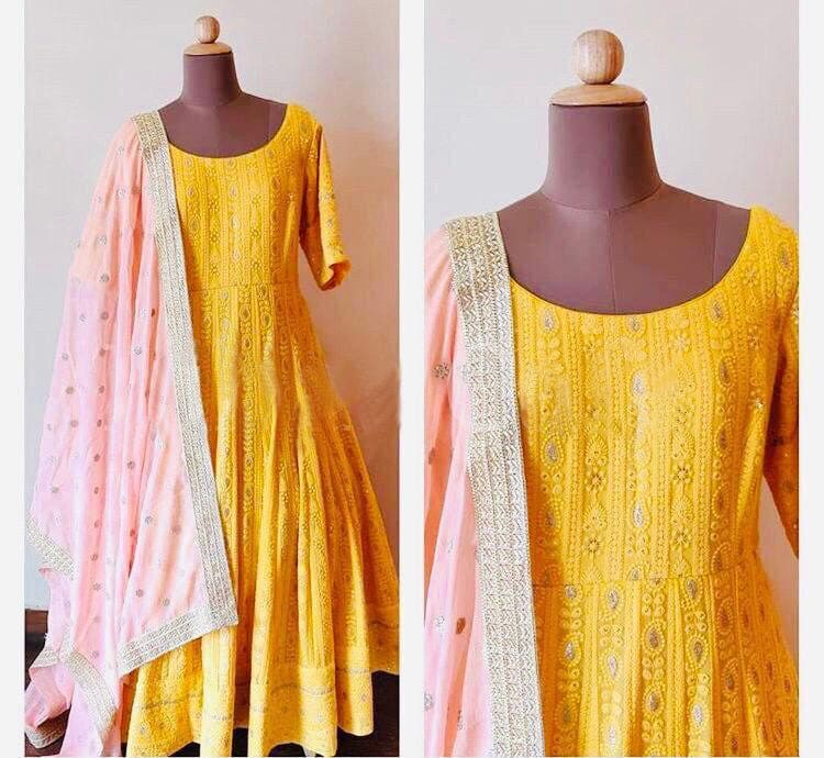 Yellow color Designer Gown Bollywood Style Gown Wedding wear gown Party wear Long gown Pakistani Wedding dress Indian Style wedidng gown 2