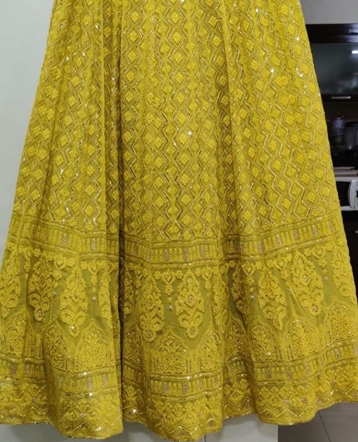 White Golden Georgette Lehenga Choli Dupatta Lucknow Chikankari Custom Stiched Readymade Chikan Lengha Wedding wear Designer Bridal Lehenga