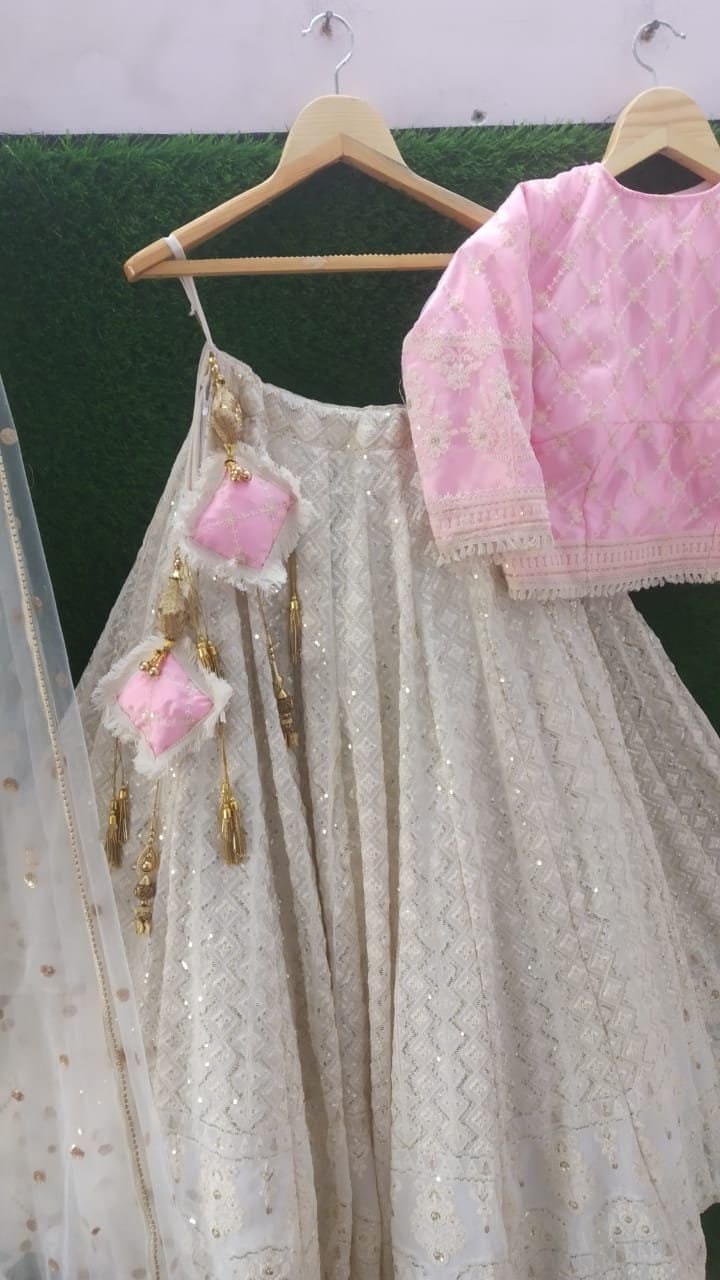 Pink Thread Embroidered Lehenga Choli Dupatta Custom Stiched Readymade Chikan Lengha Wedding wear Designer wear Bridal Lehenga Indian suit 1