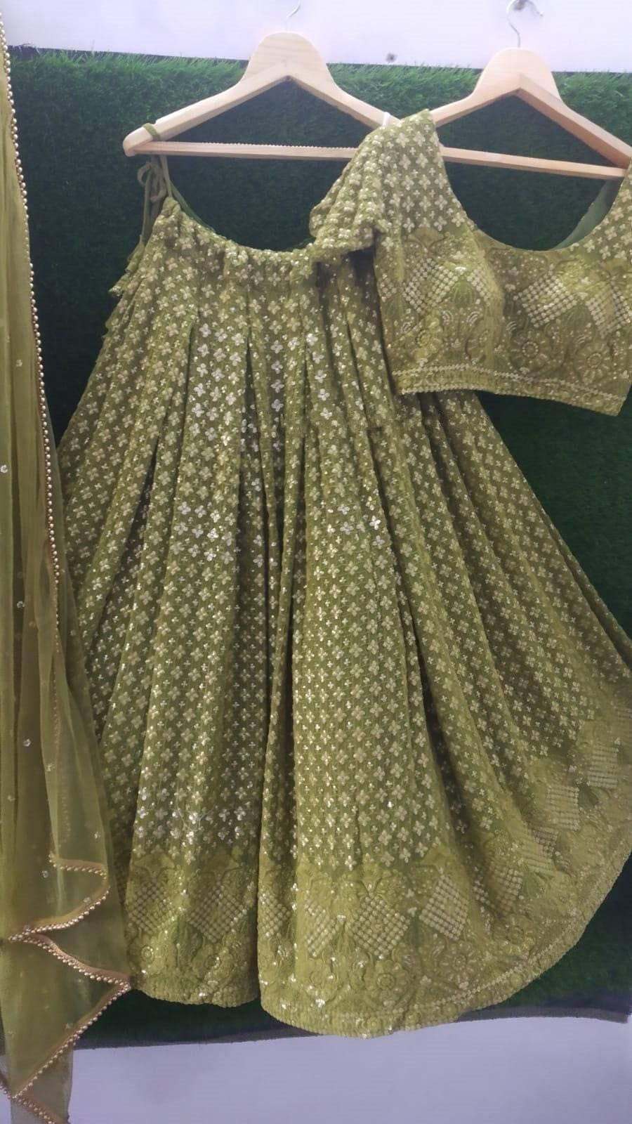 Mehendi Chikankari Pure Georgette hand Embroidered Lucknowi Chikan Lehenga Indian Handmade Chikankari Dyable Premium lehenga Lenga for women