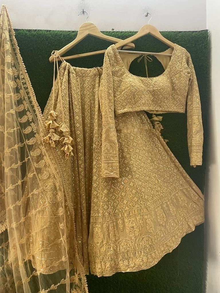 Wedding Party wear Indian Designer Golden Lehenga choli Dupatta for girls and women custom Stiched Lengha blouse Embroidered thread sari 2
