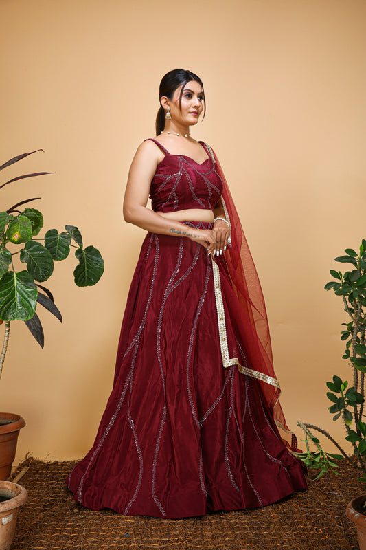 Embroidered Semi Stitched Maroon Lehenga Choli