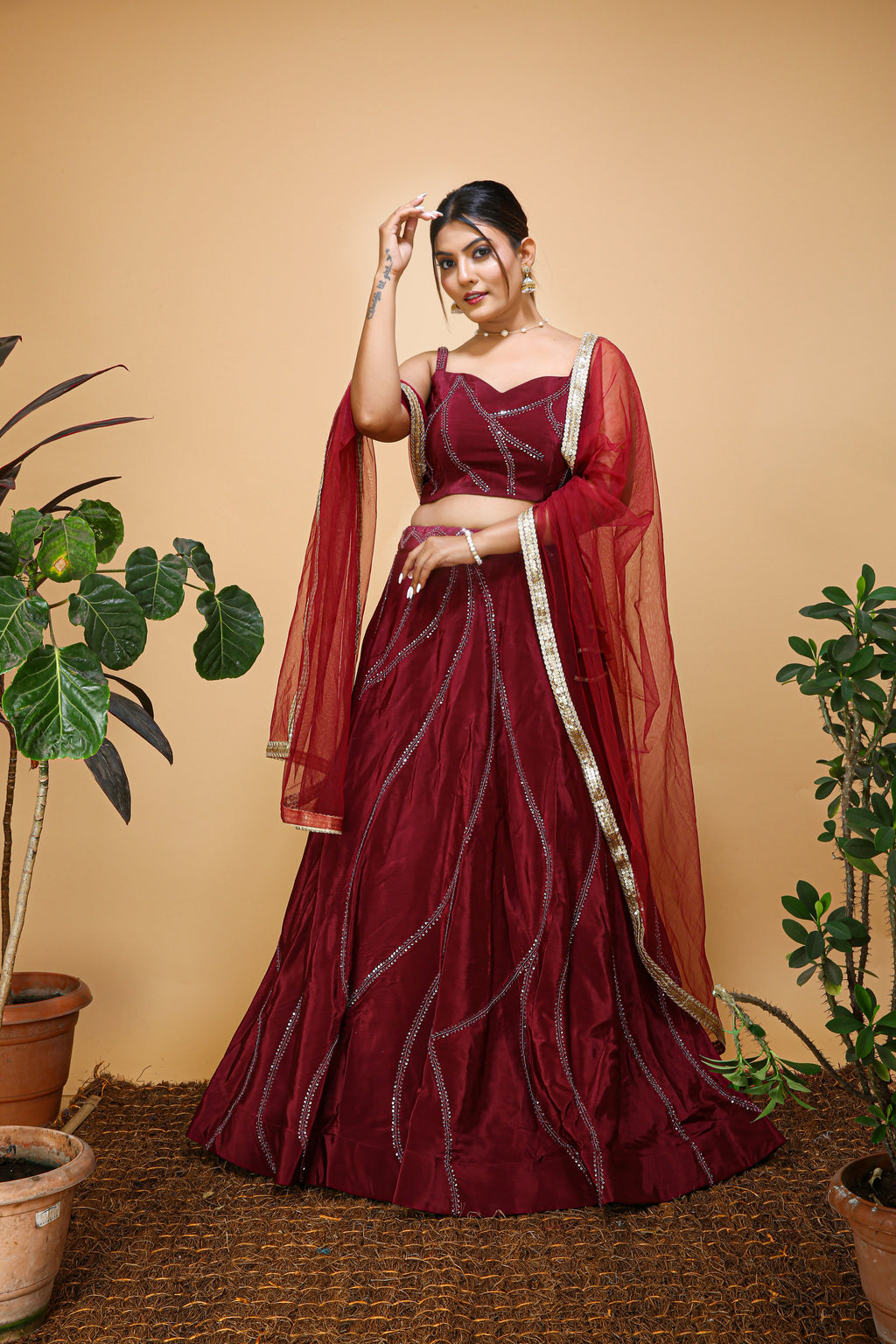 Embroidered Semi Stitched Maroon Lehenga Choli