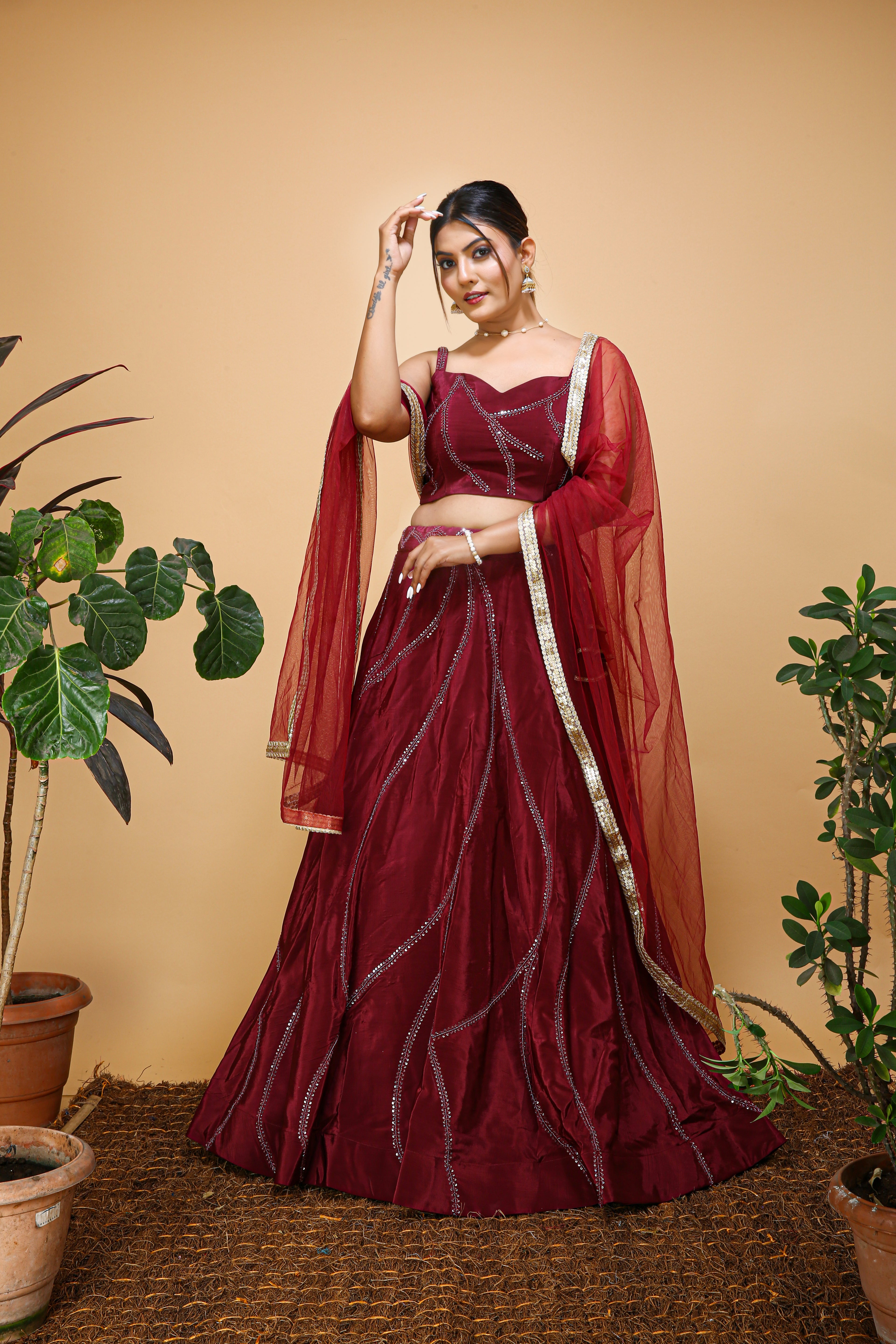 Embroidered Semi Stitched Maroon Lehenga Choli