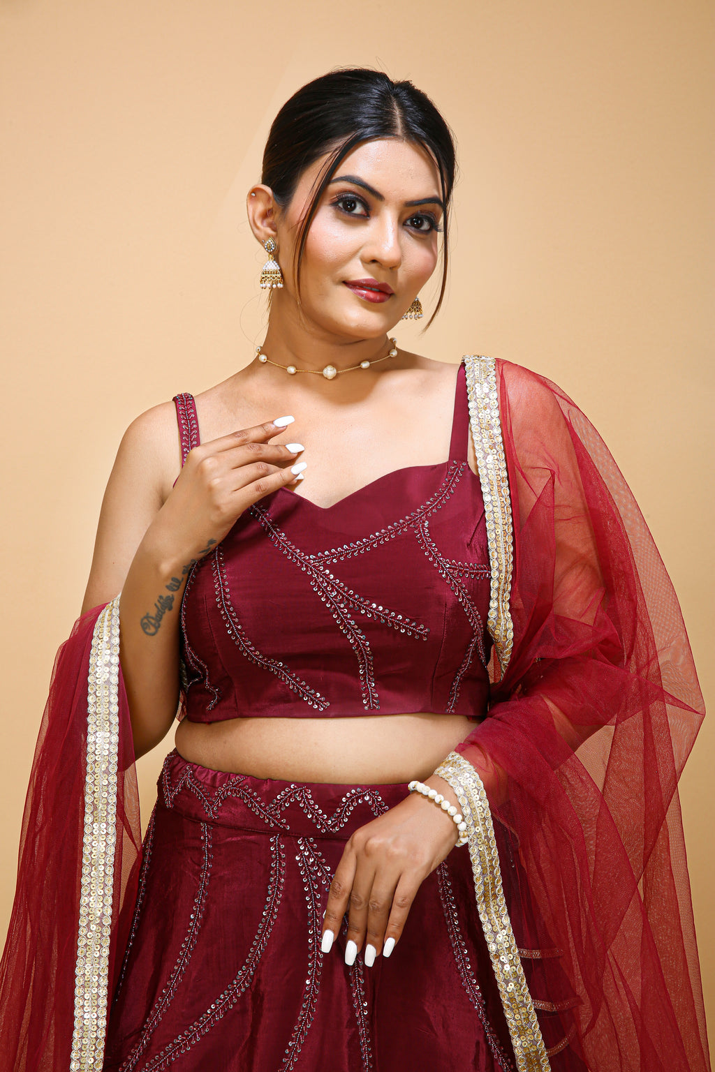 Embroidered Semi Stitched Maroon Lehenga Choli