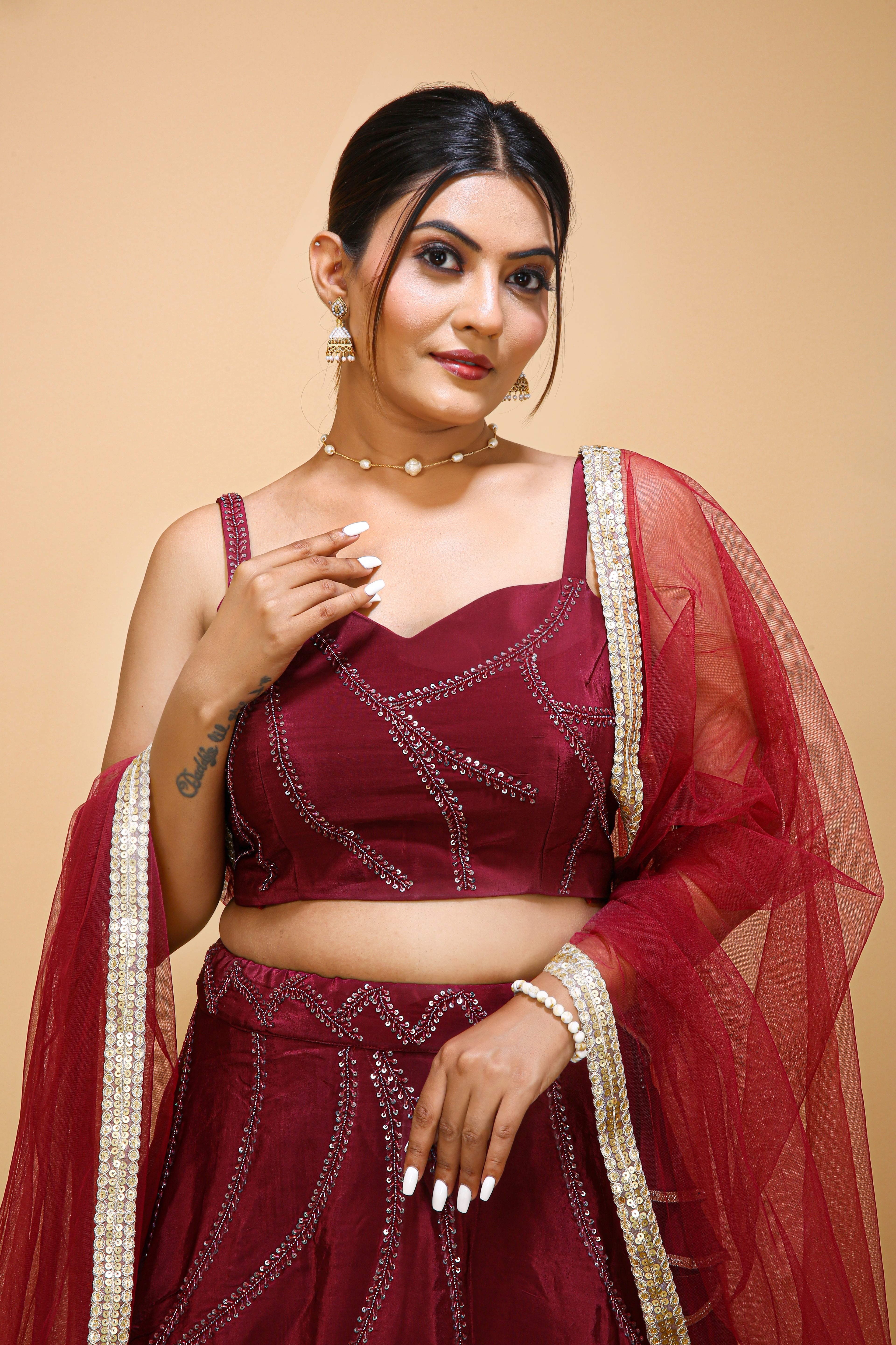 Embroidered Semi Stitched Maroon Lehenga Choli