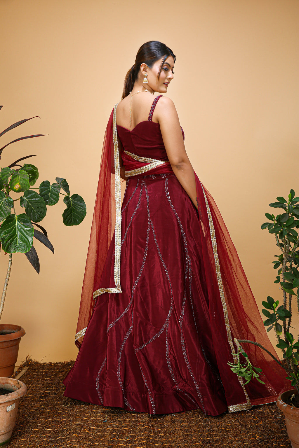 Embroidered Semi Stitched Maroon Lehenga Choli