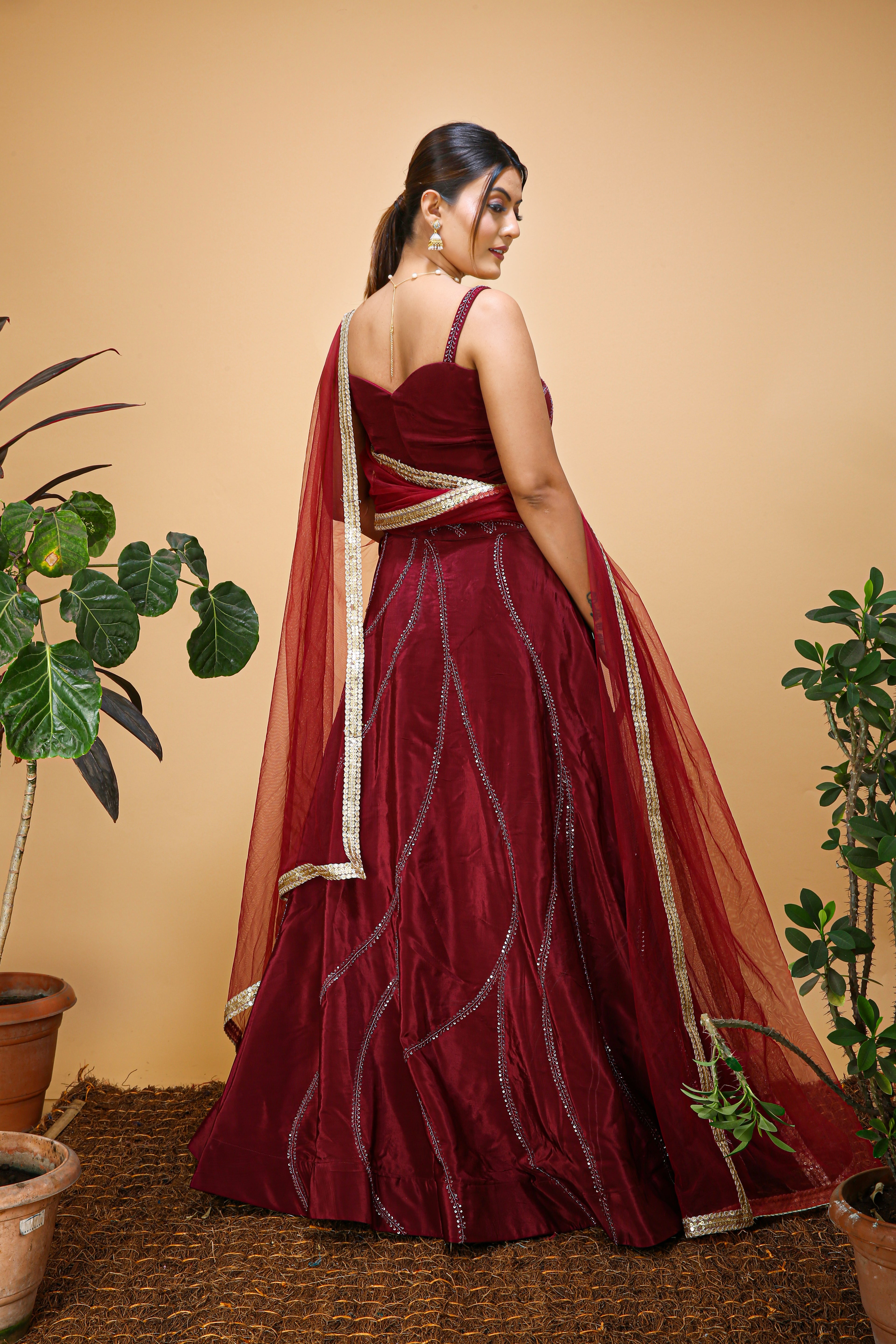 Embroidered Semi Stitched Maroon Lehenga Choli