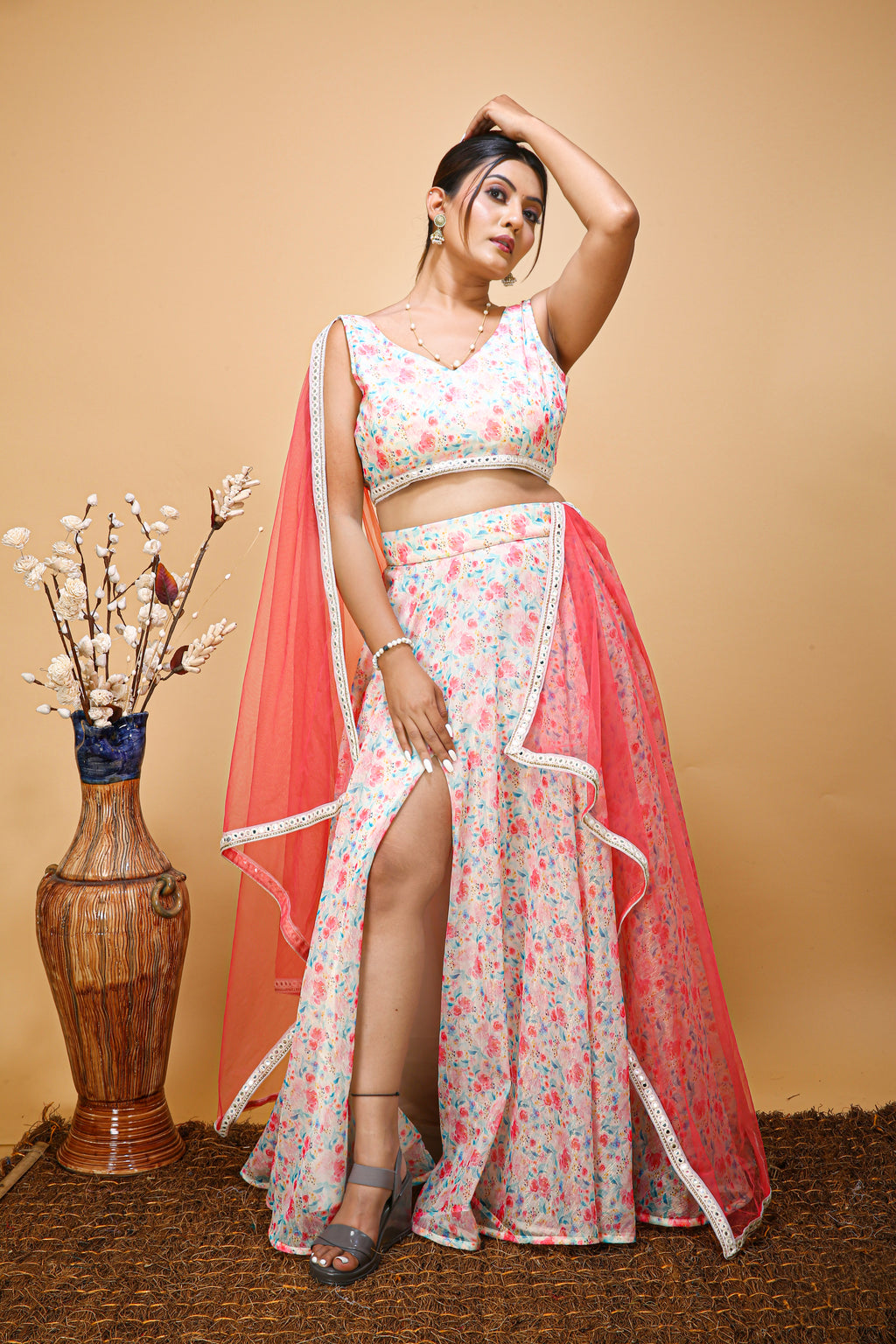Off-white Floral Printed lehenga choli with Slit Skirt