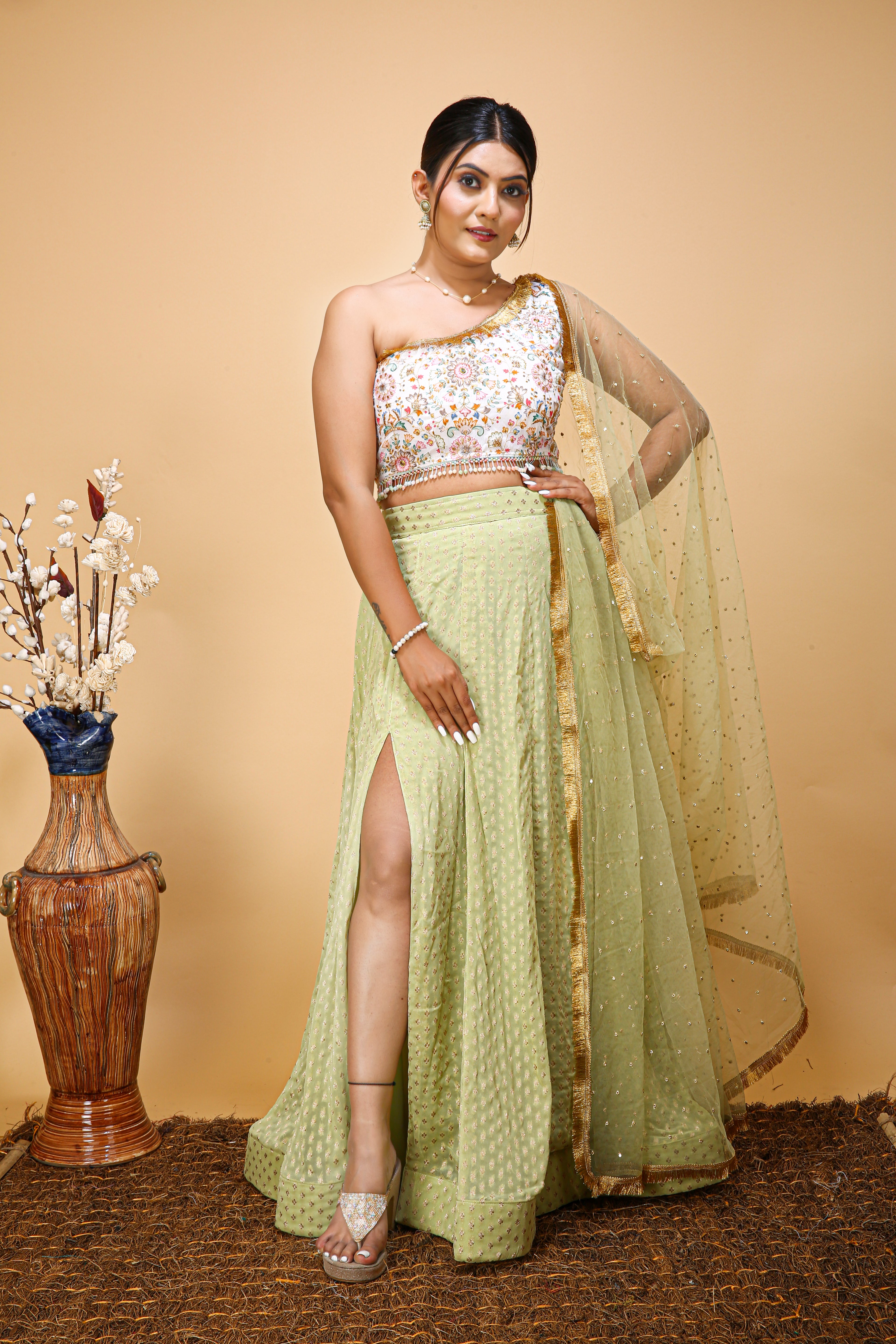 One Shoulder Slit Lehenga Choli