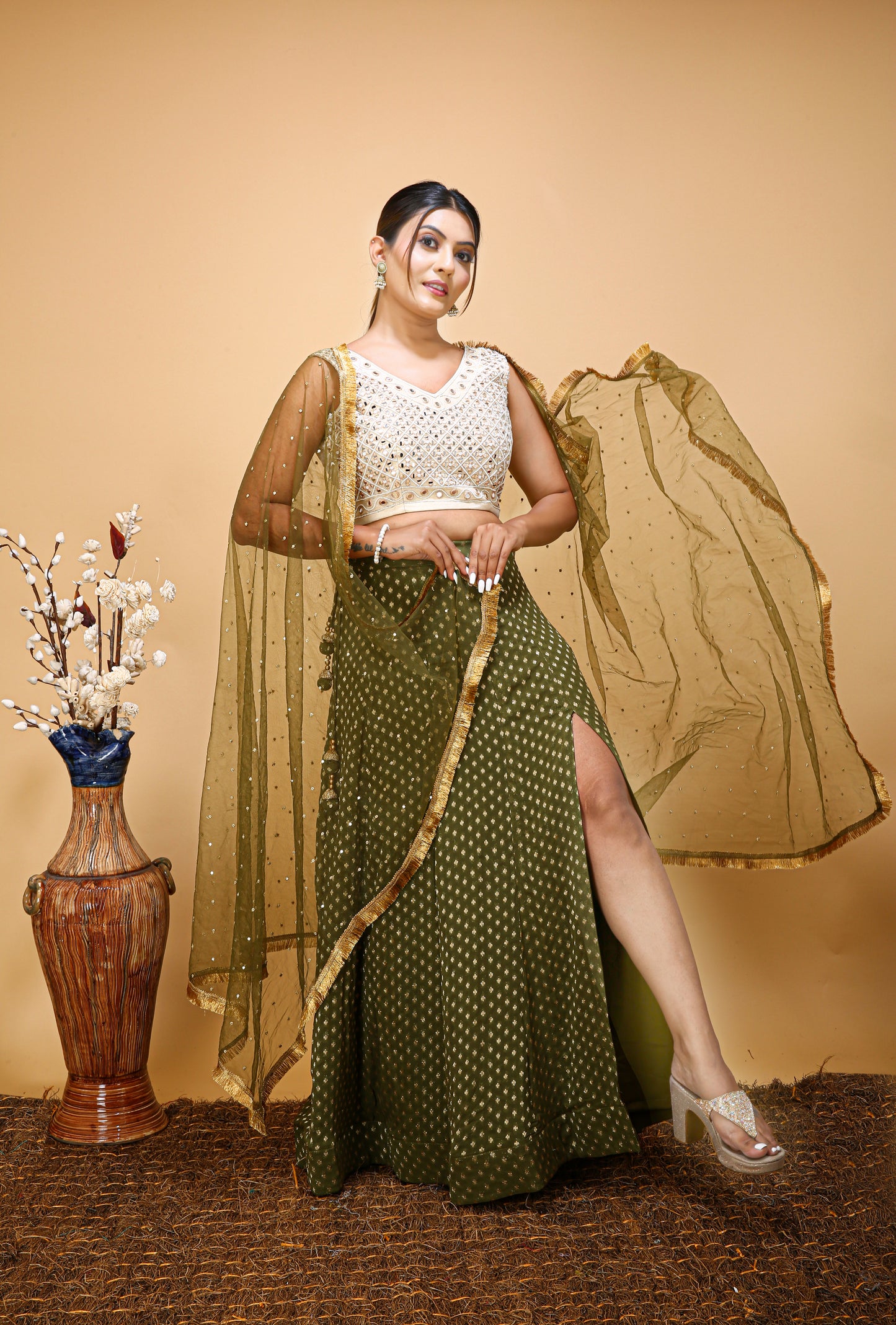 Mehendi Special Green Slit Skirt With Ivory-Gold Real Mirror Work Blouse