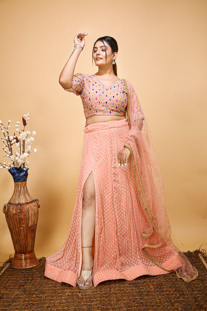 Candy Pink V Neck Handwork Choli With Slit Skirt