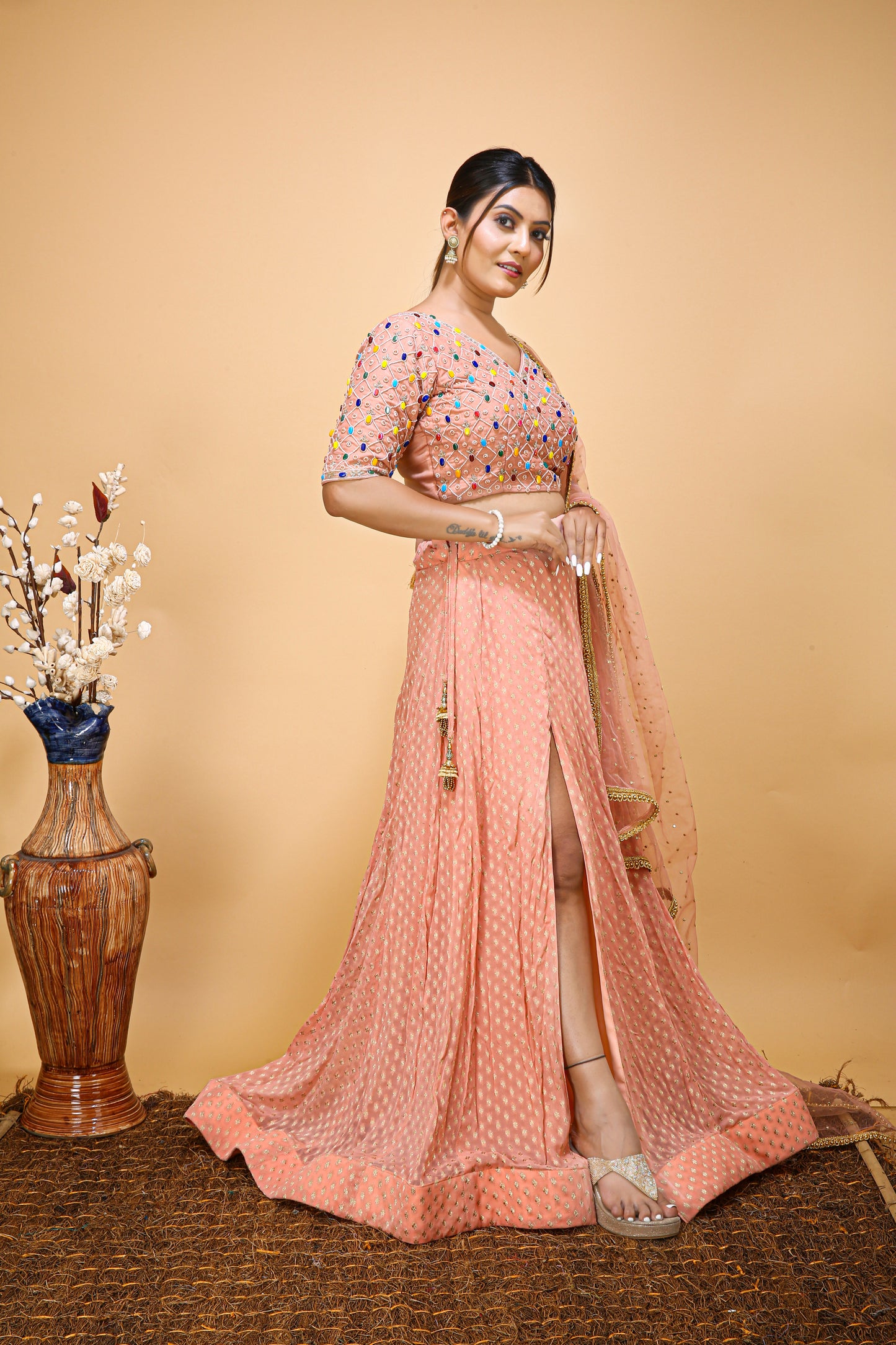 Candy Pink V Neck Handwork Choli With Slit Skirt