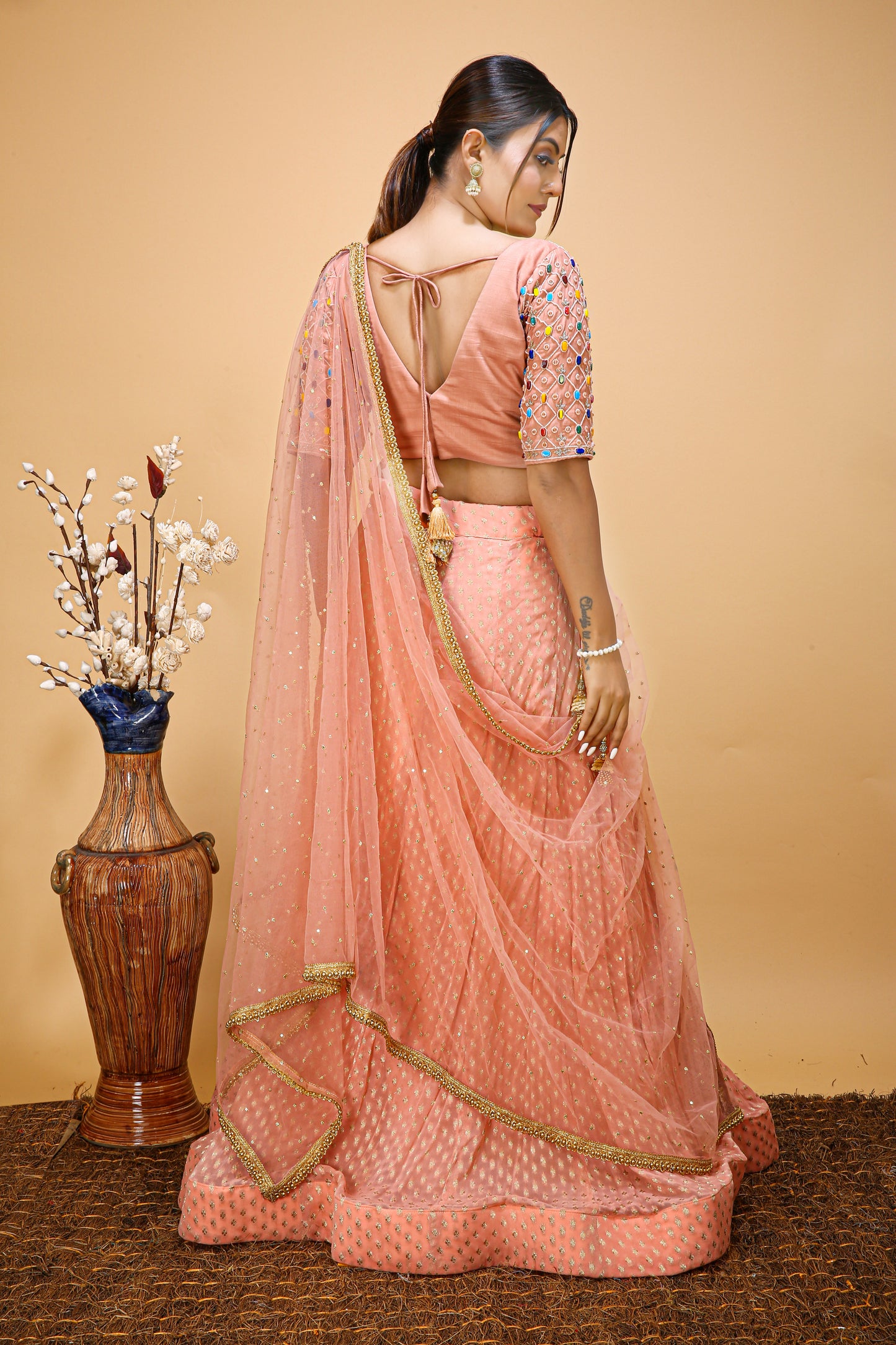 Candy Pink V Neck Handwork Choli With Slit Skirt