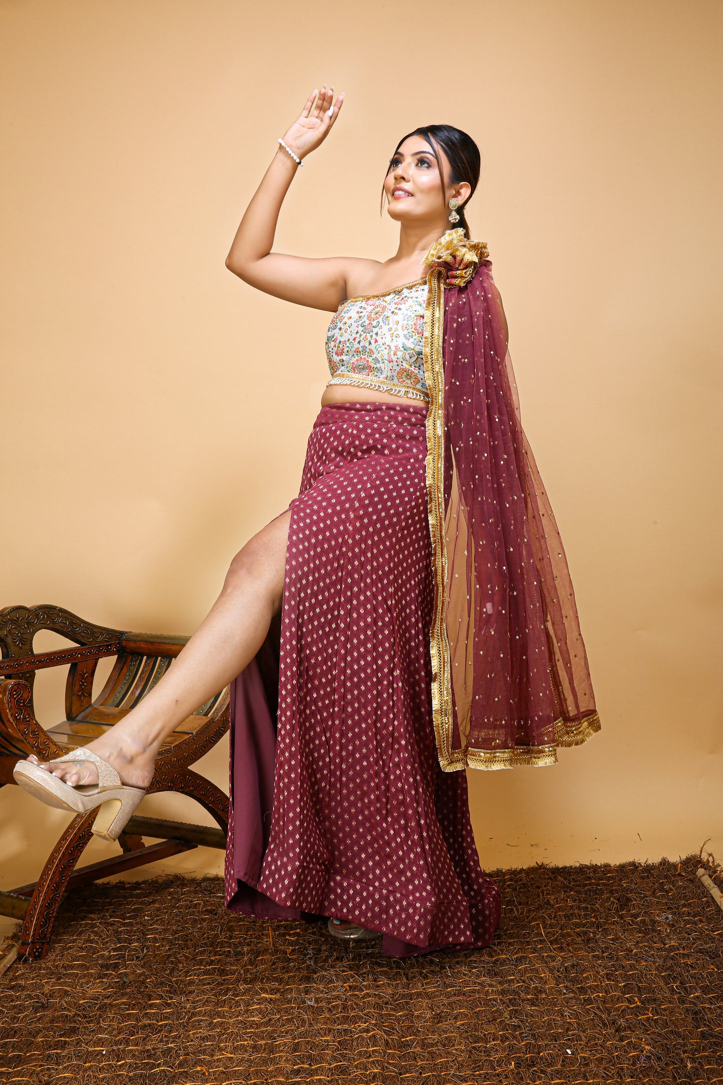 One Shoulder Lehenga Choli in Trending Wine Color