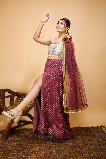 One Shoulder Lehenga Choli in Trending Wine Color