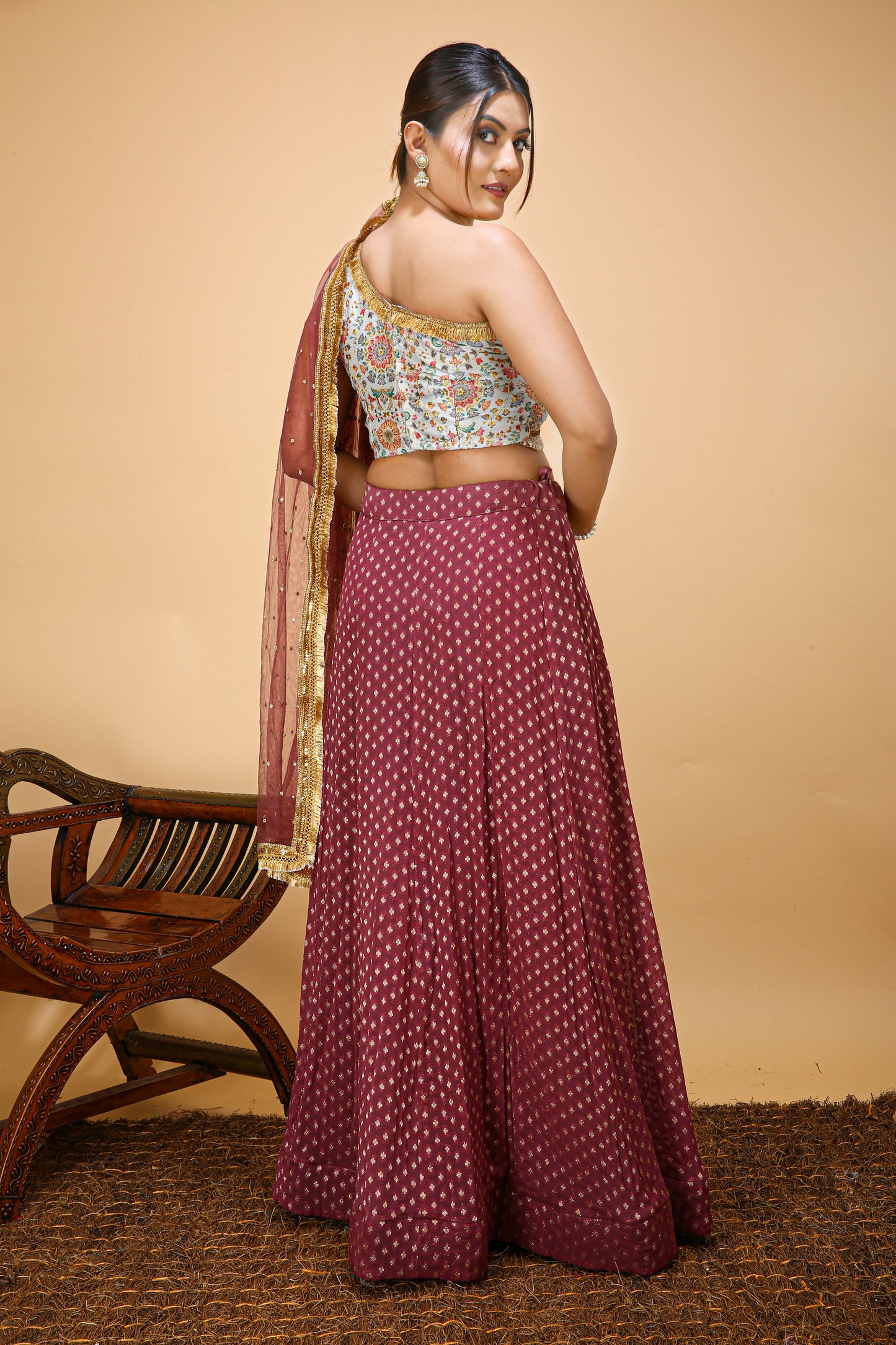 One Shoulder Lehenga Choli in Trending Wine Color