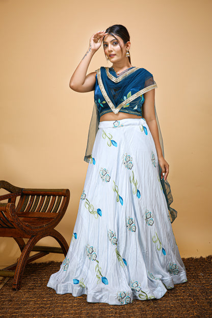 Pretty Hand Embroidered Choli with Flower Printed Skirt