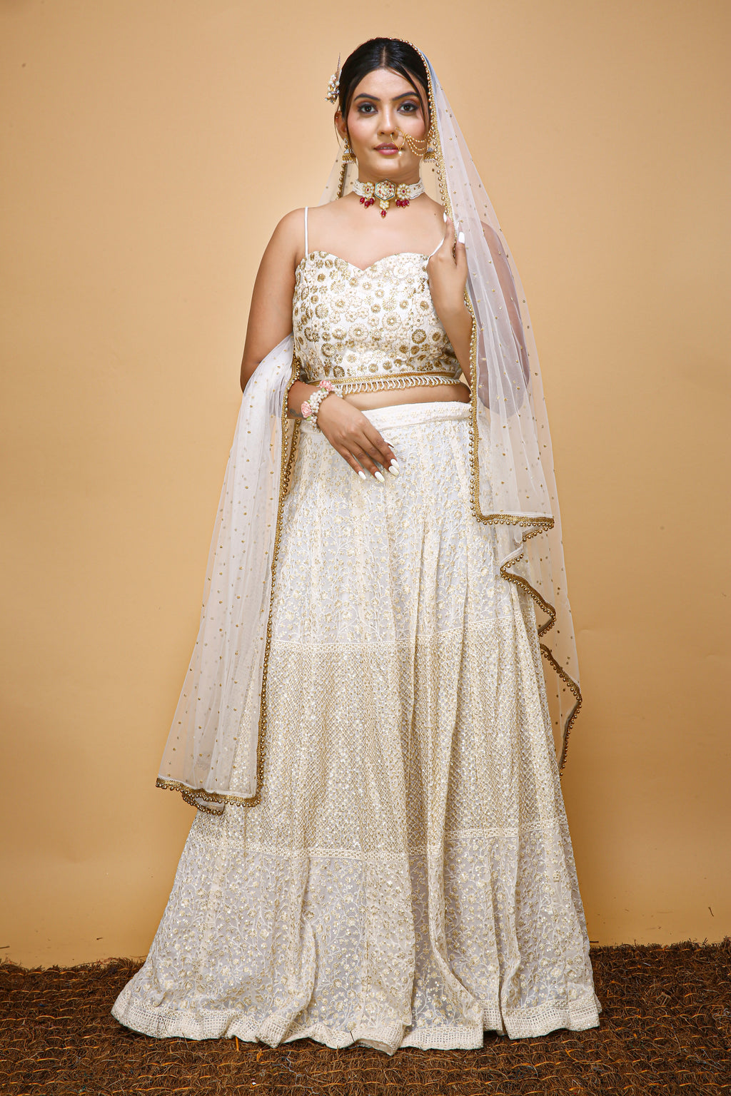 Off White Hand Embroidered Bridal Lehenga Set