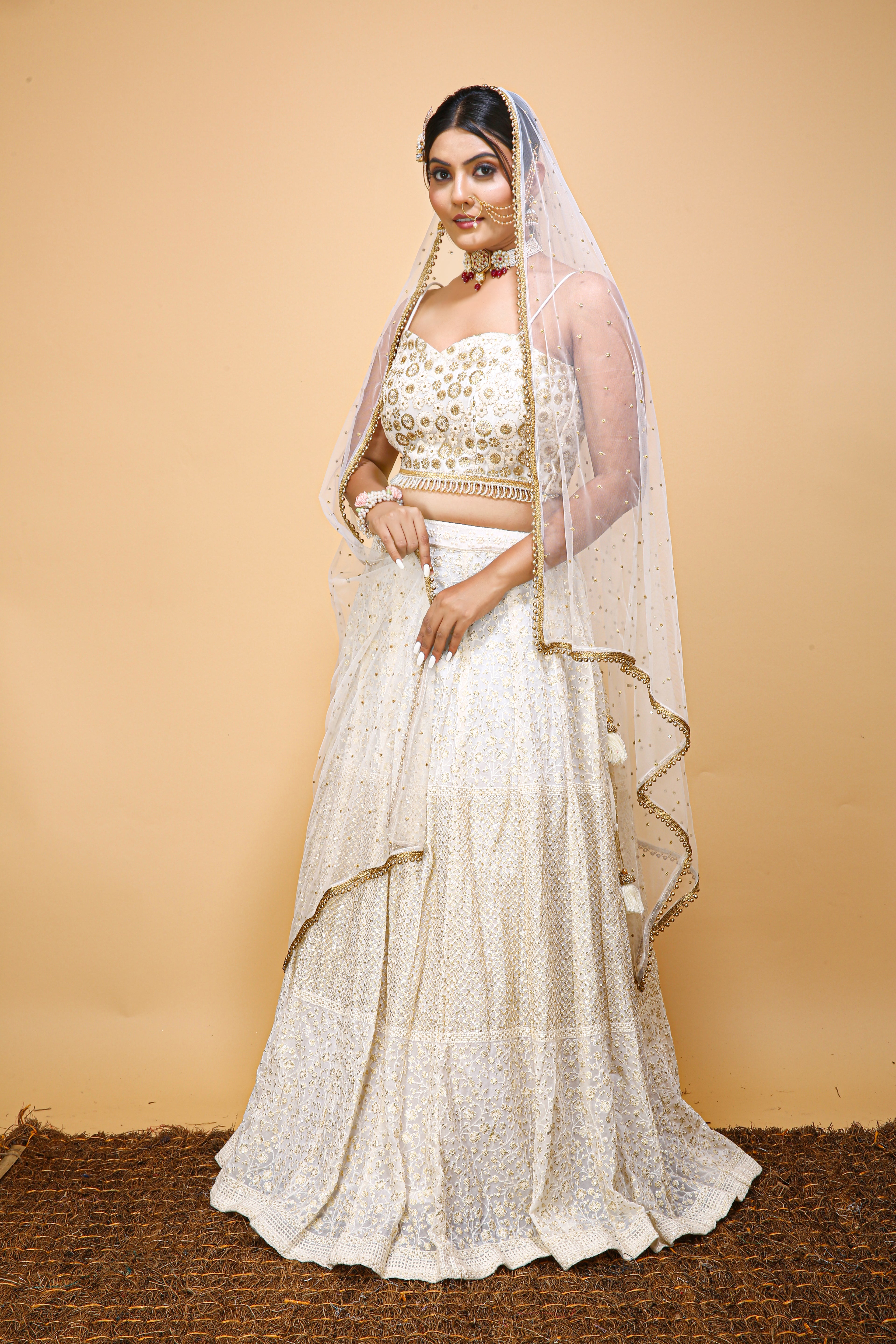Off White Hand Embroidered Bridal Lehenga Set