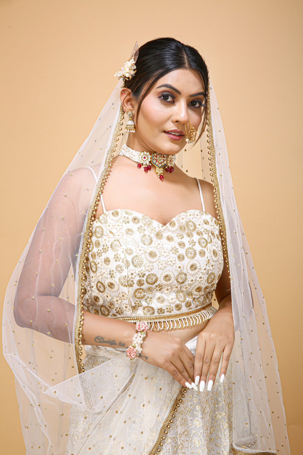 Off White Hand Embroidered Bridal Lehenga Set