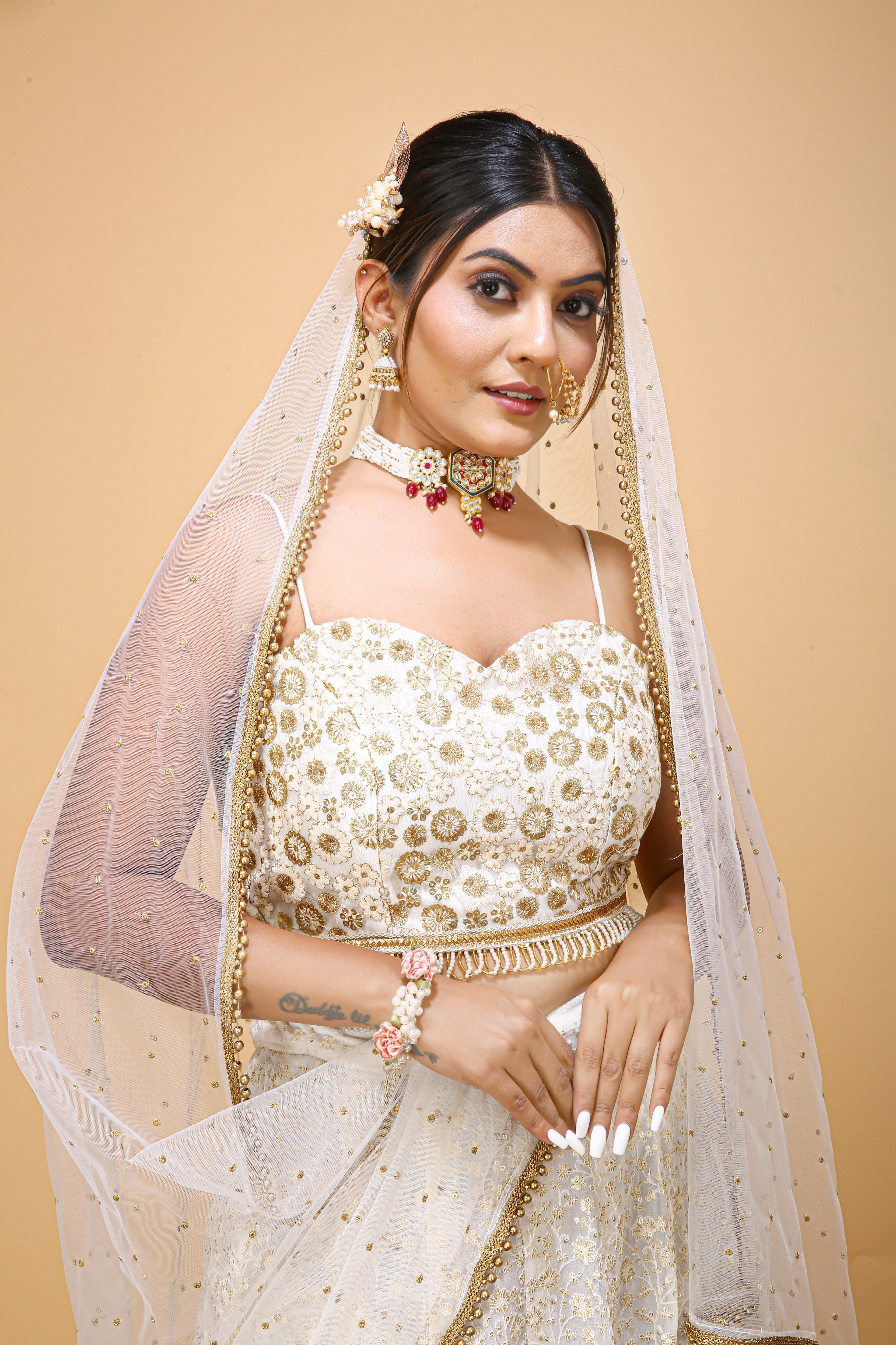 Off White Hand Embroidered Bridal Lehenga Set