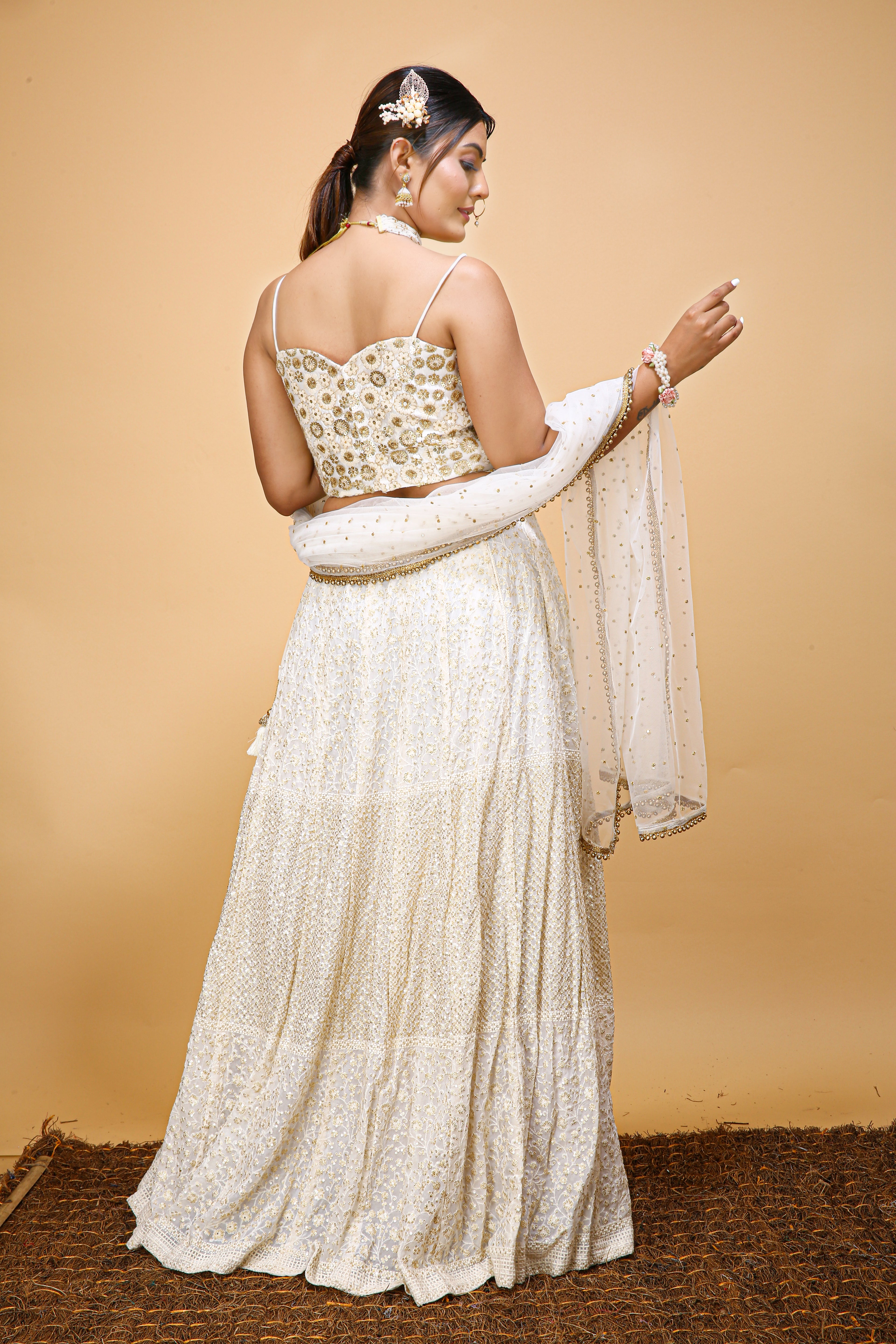 Off White Hand Embroidered Bridal Lehenga Set