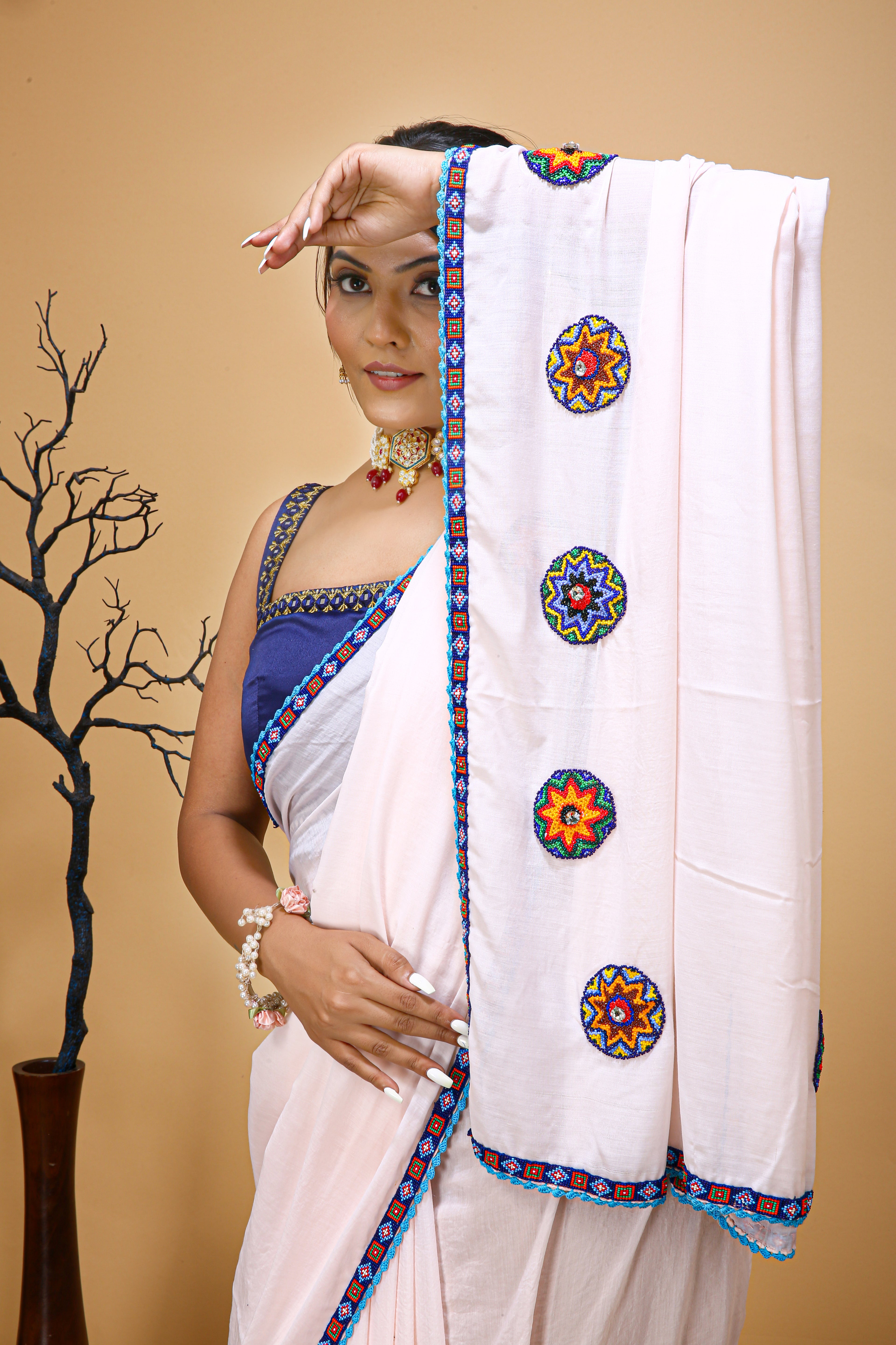 Pink Traditional Beaded Work Saree