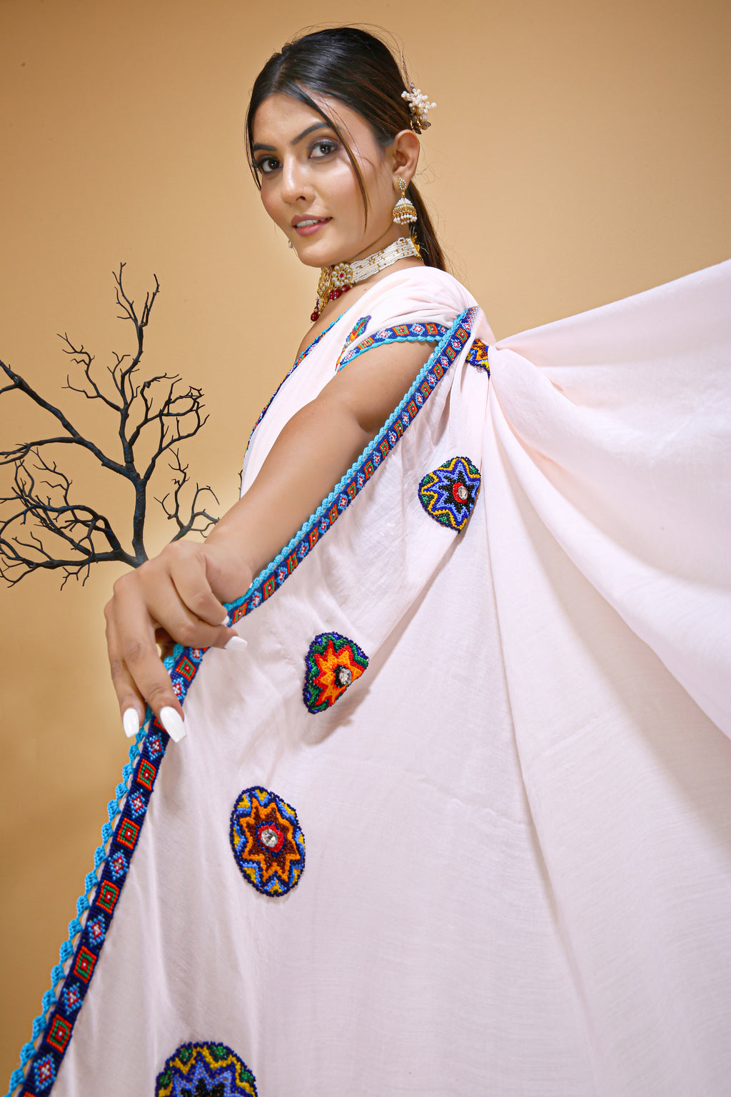 Pink Traditional Beaded Work Saree