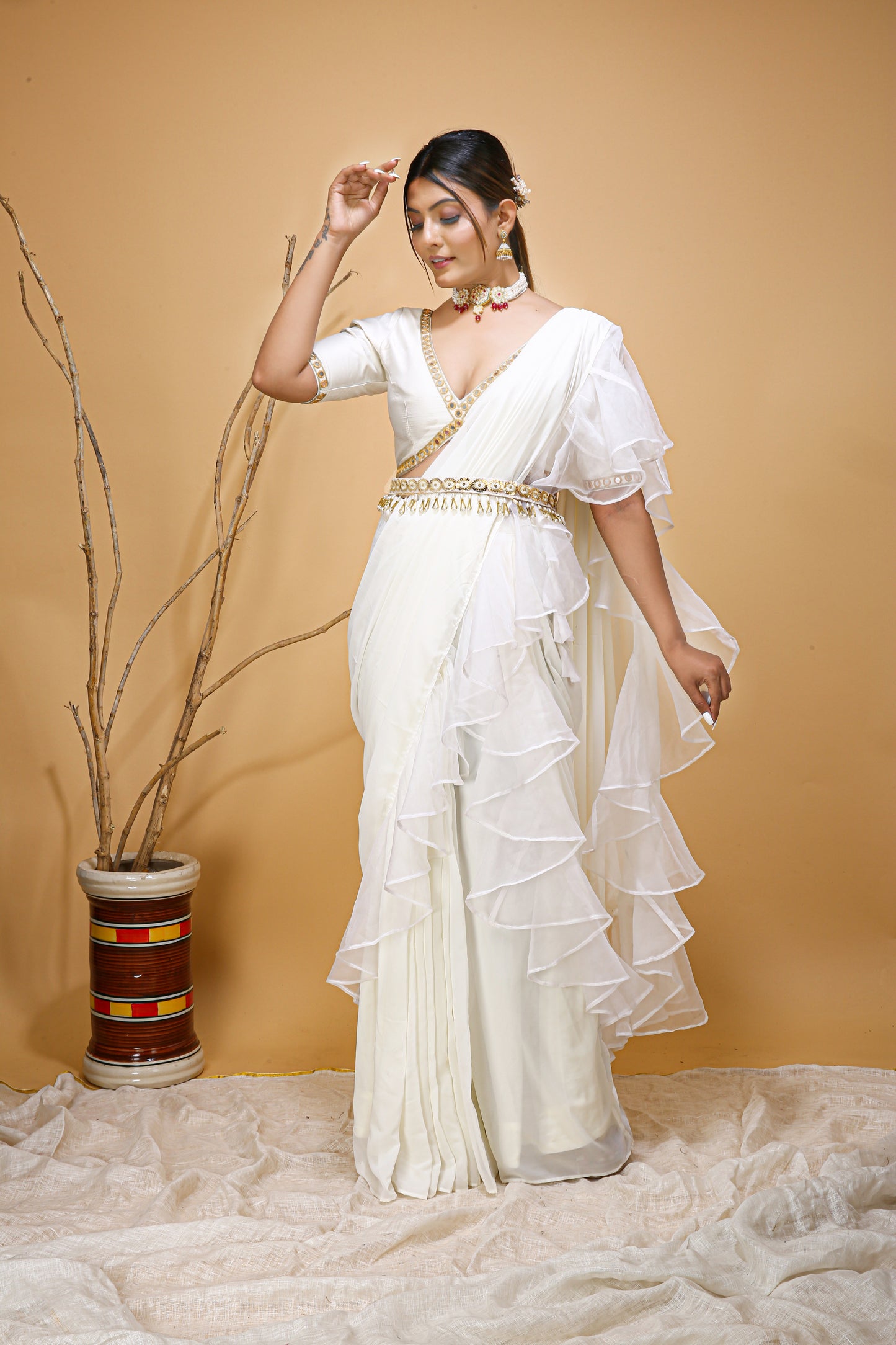 Ivory Ruffled Saree With Mirror Blouse