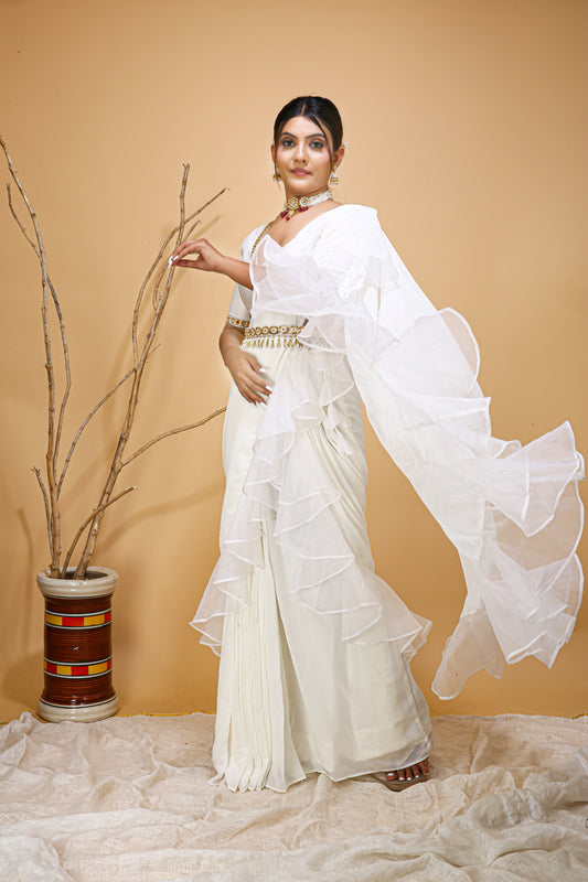 Ivory Ruffled Saree With Mirror Blouse