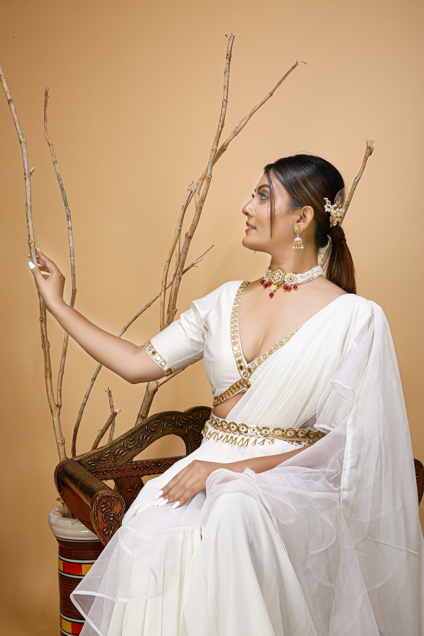 Ivory Ruffled Saree With Mirror Blouse