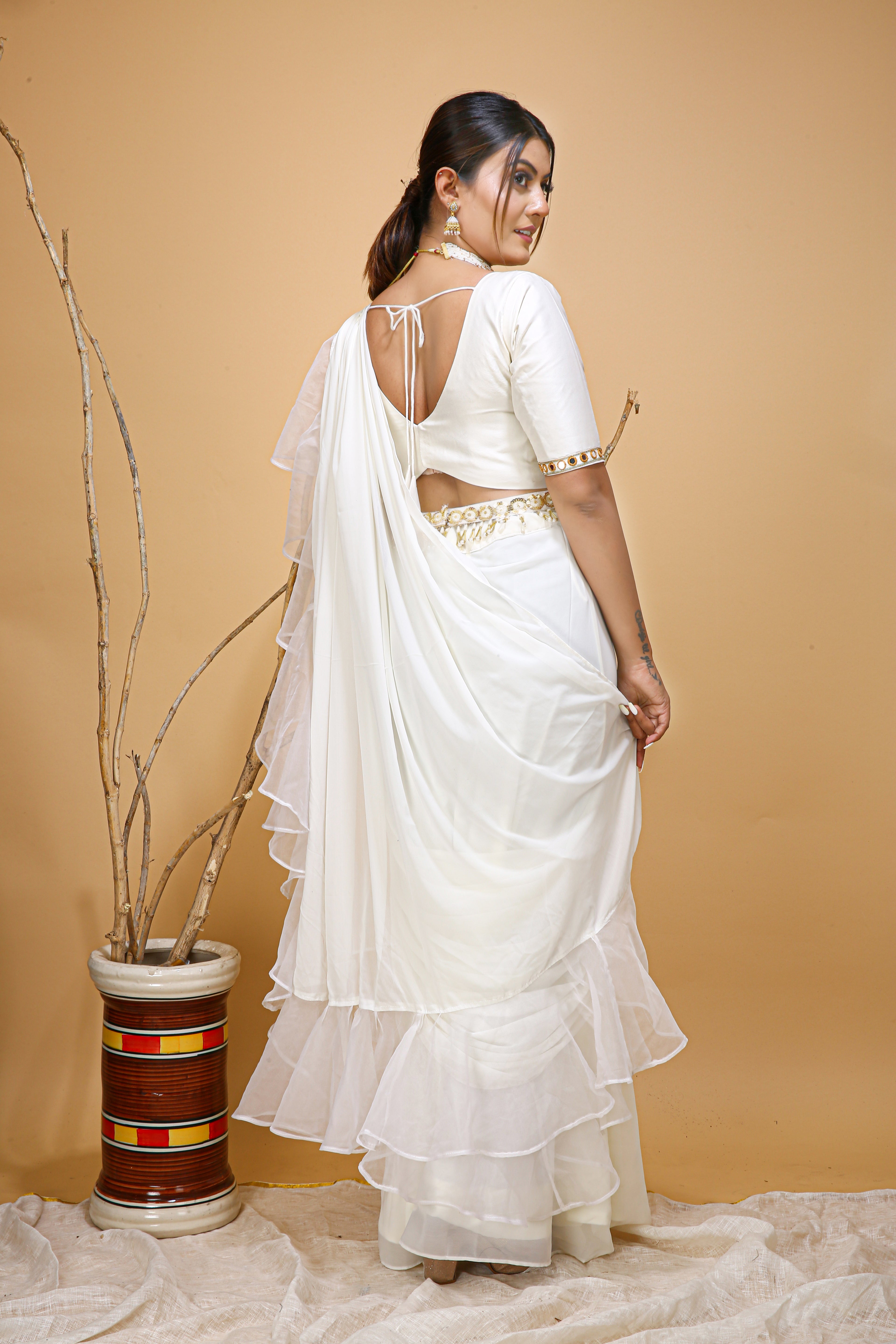 Ivory Ruffled Saree With Mirror Blouse