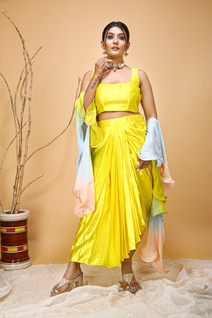 Yellow Skirt Set With Neck Cape