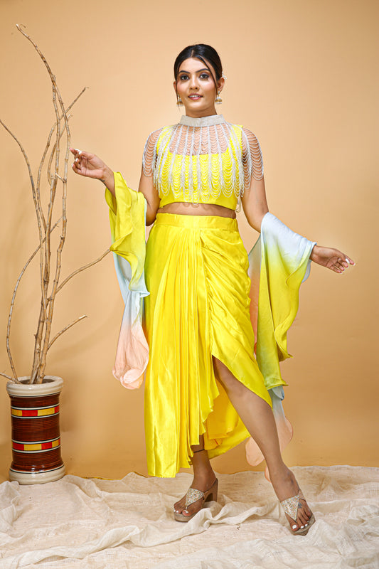 Yellow Skirt Set With Neck Cape