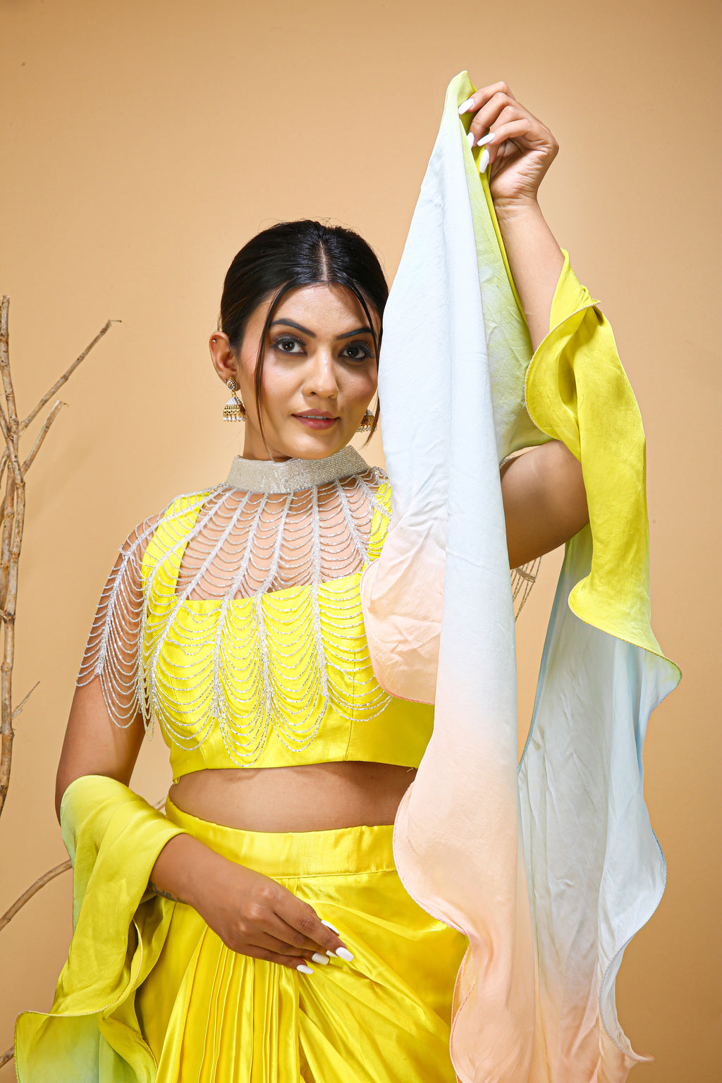 Yellow Skirt Set With Neck Cape