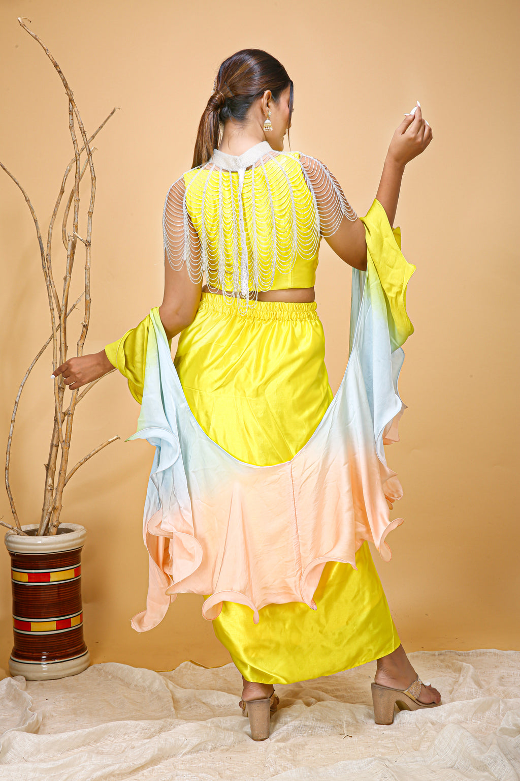 Yellow Skirt Set With Neck Cape