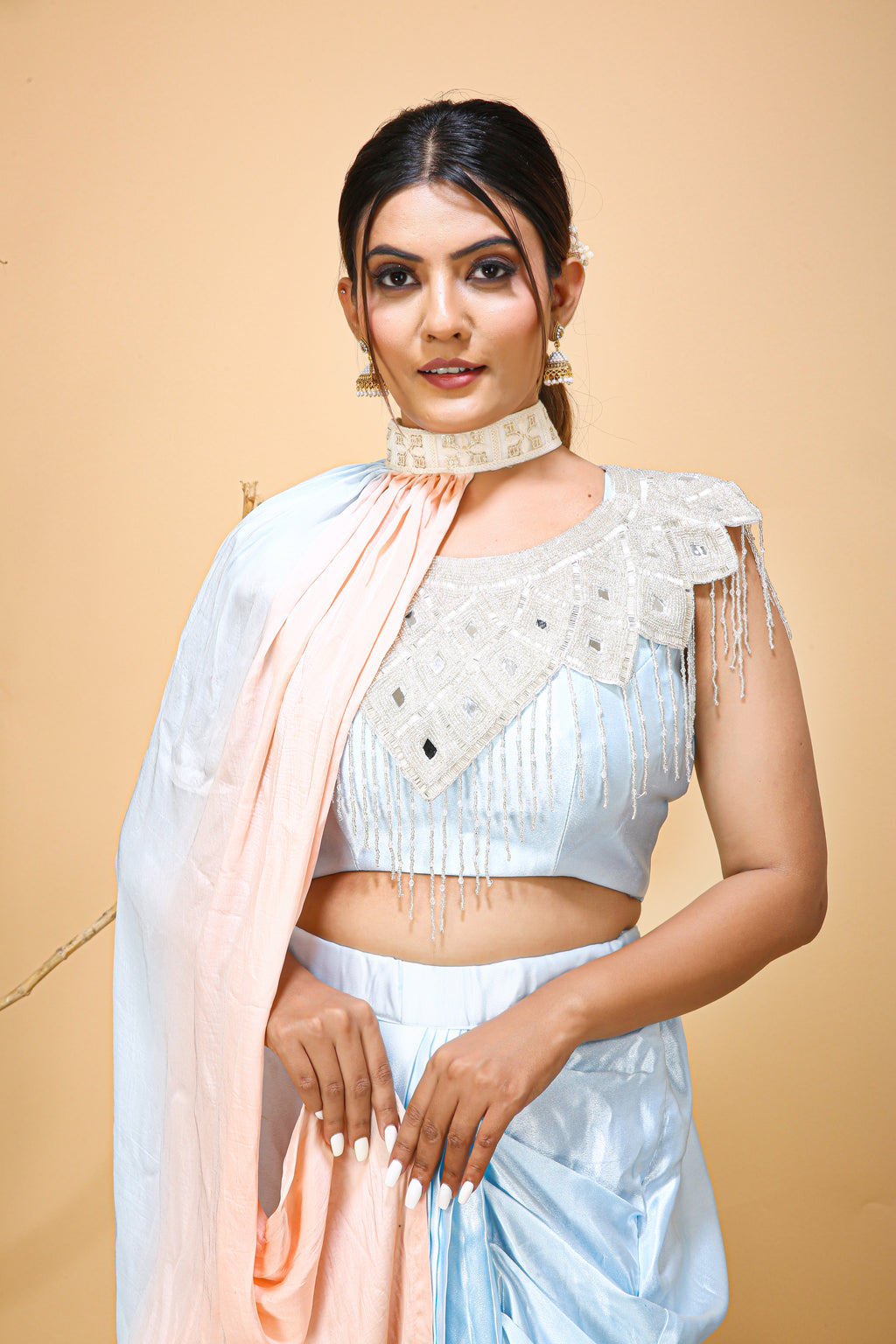 Designer Stylish Fancy Sky Blue Draped Dhoti Saree