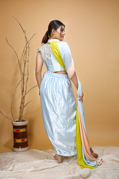 Designer Stylish Fancy Sky Blue Draped Dhoti Saree