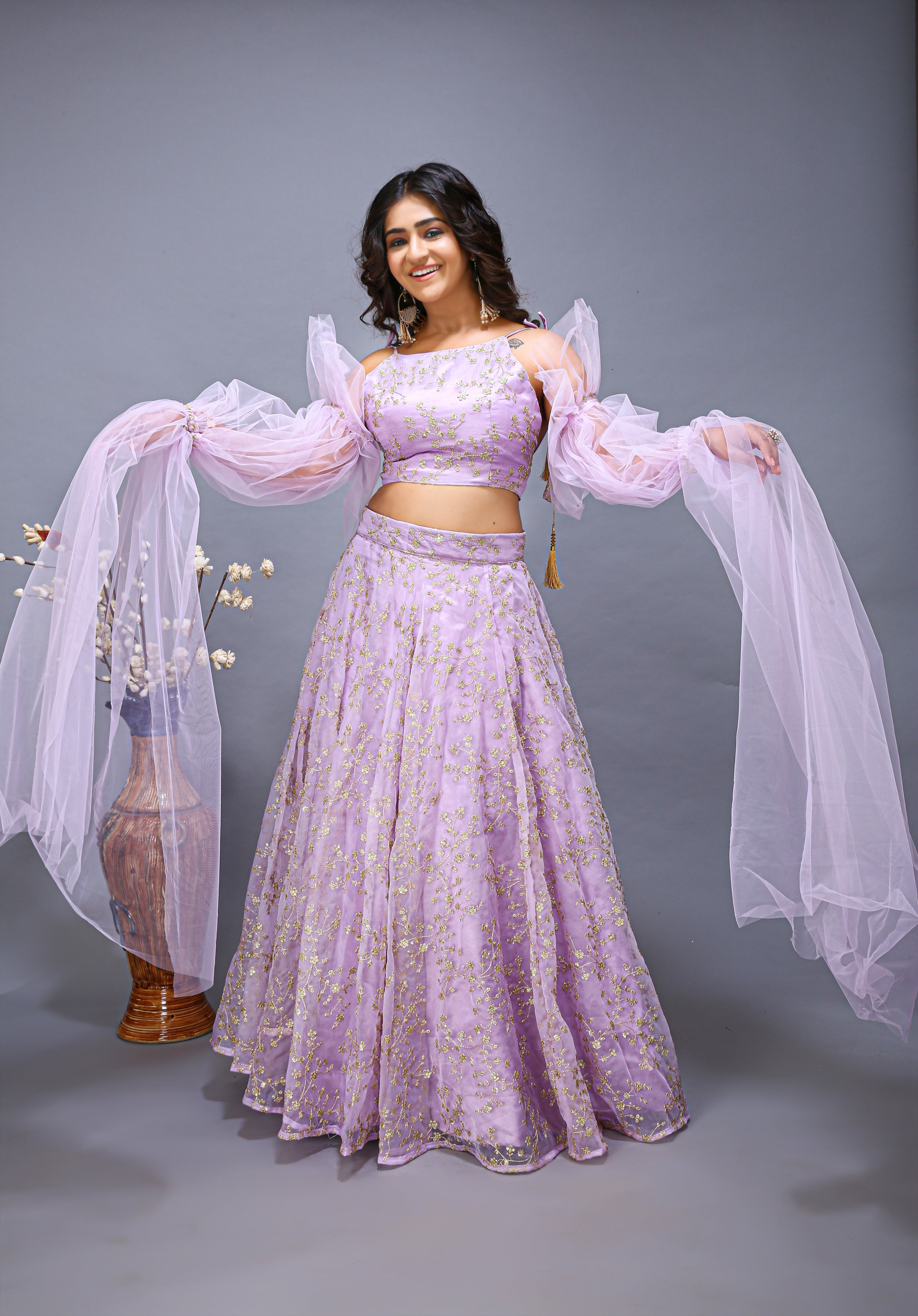 Ruffle Net Sleev Organza Lehenga Choli - full view